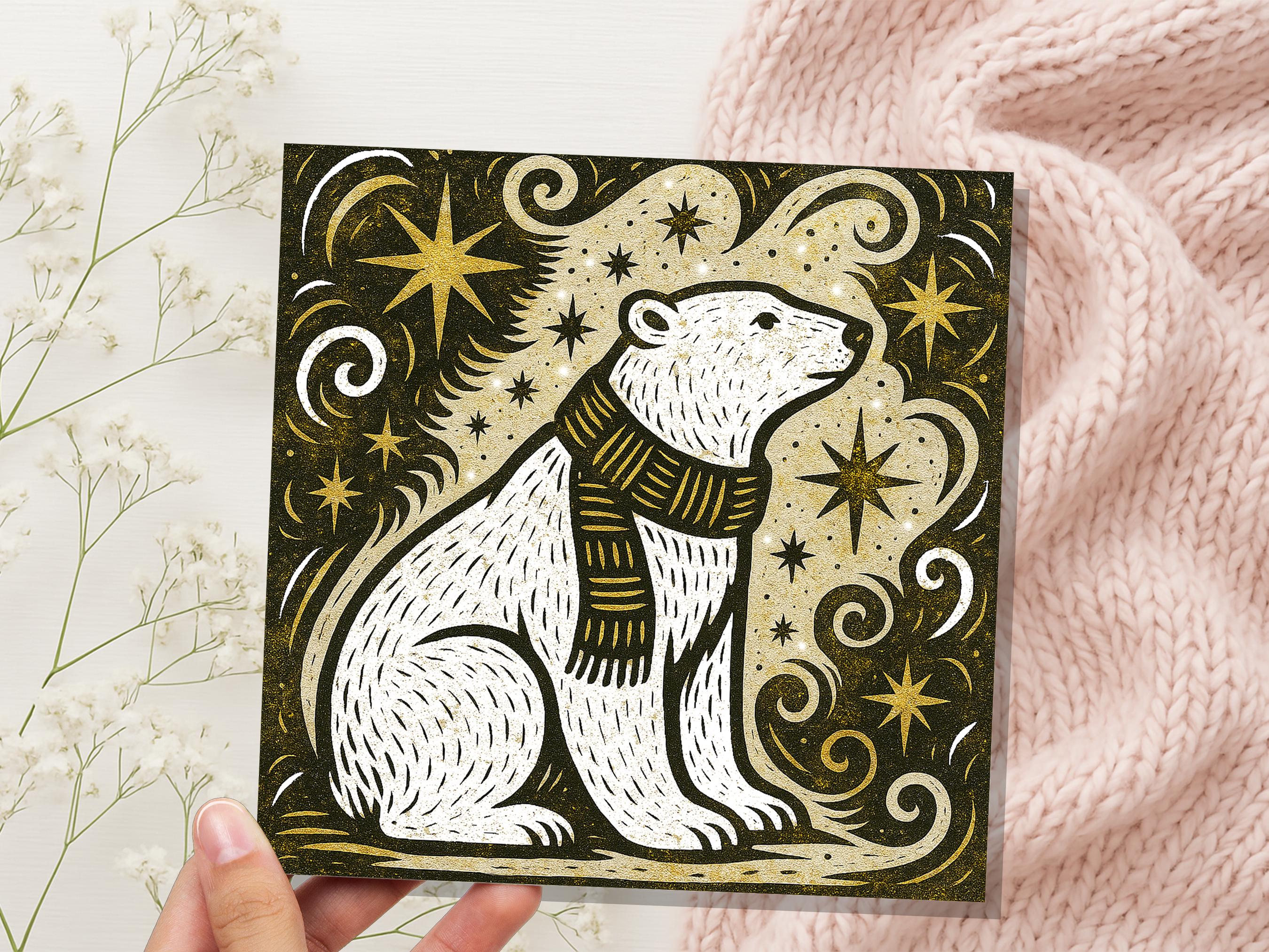 Winter Polar Bear Card Linocut Starry Night Snow Scene Cosmic Star Christmas Cards Holiday Greetings Animal Lover Festive Kraft Scandi Art - View 6