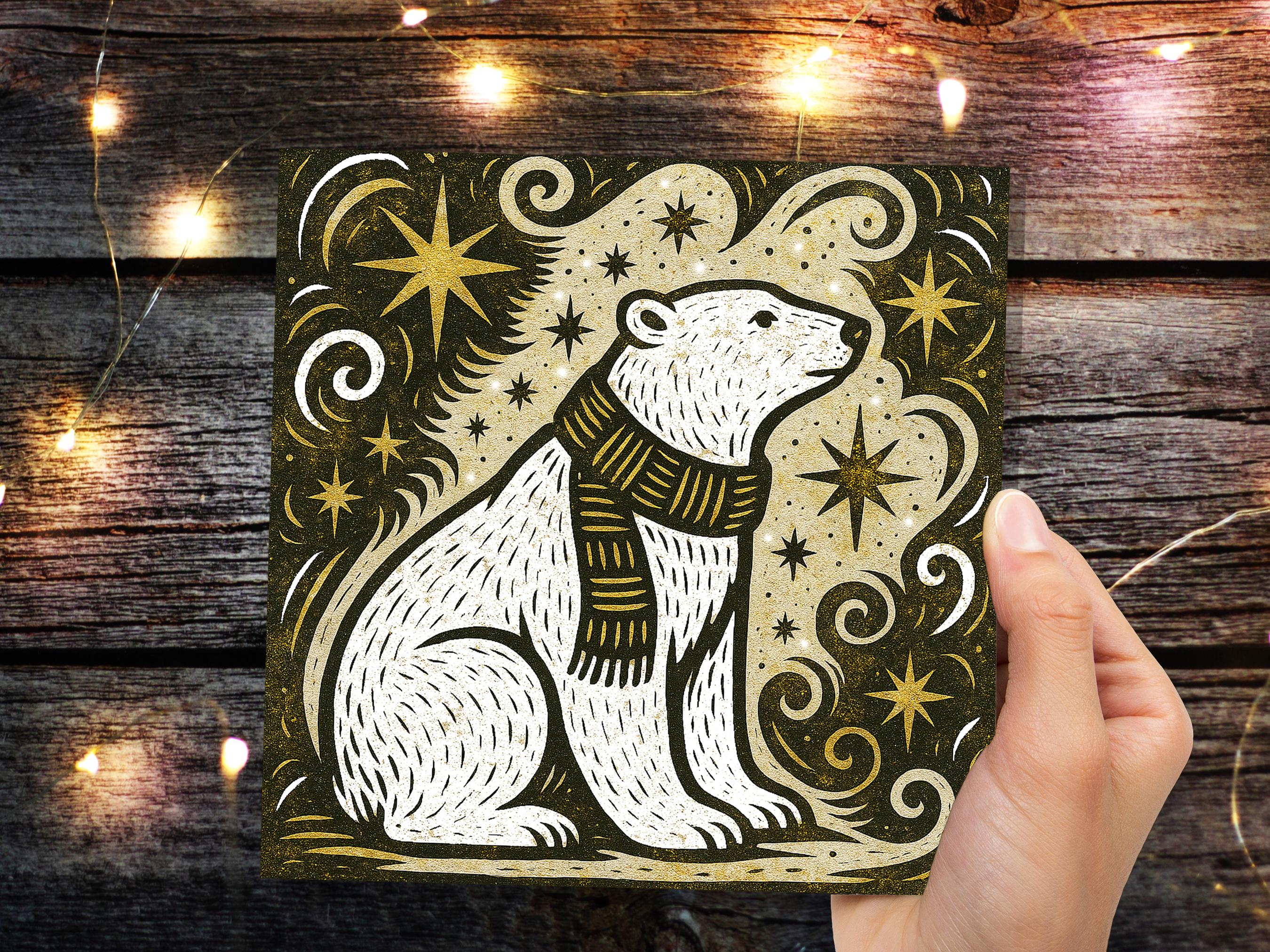 Winter Polar Bear Card Linocut Starry Night Snow Scene Cosmic Star Christmas Cards Holiday Greetings Animal Lover Festive Kraft Scandi Art - View 8