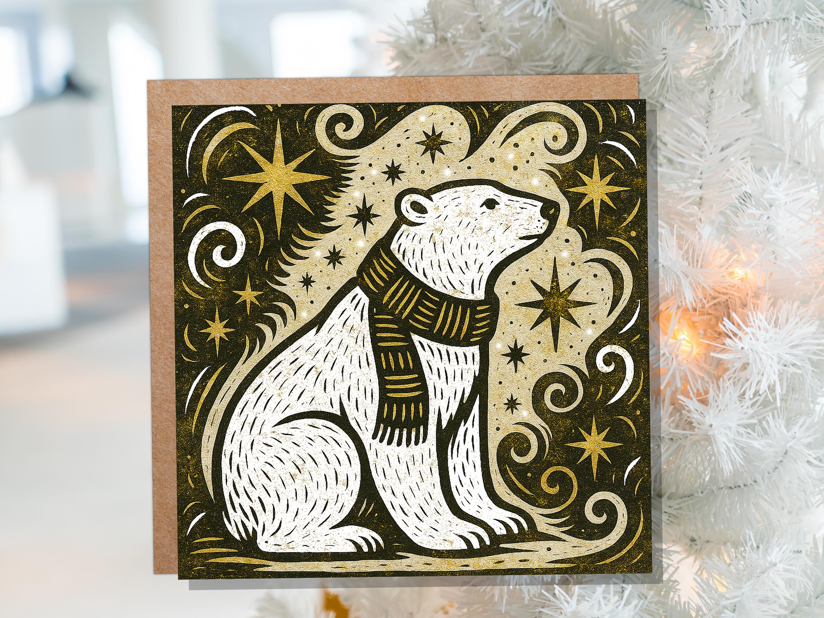 Winter Polar Bear Card Linocut Starry Night Snow Scene Cosmic Star Christmas Cards Holiday Greetings Animal Lover Festive Kraft Scandi Art - View 7