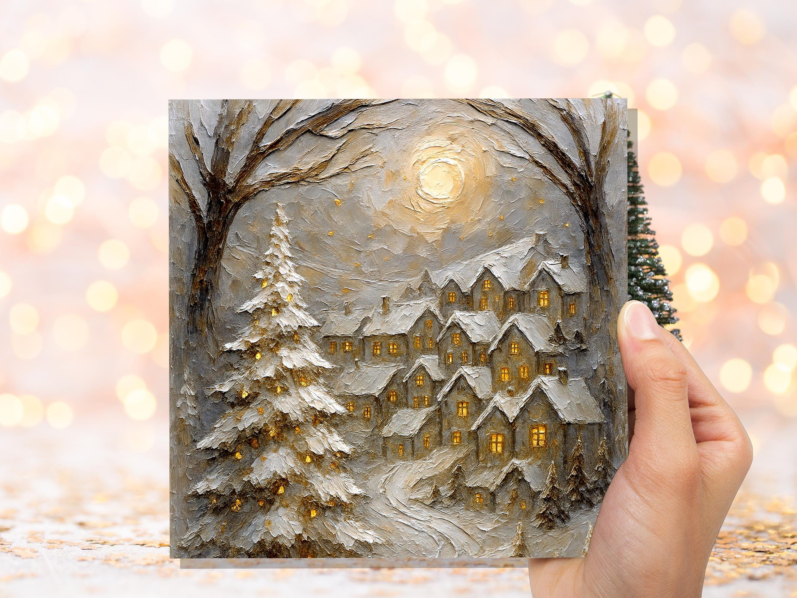 White Winter Village Christmas Card Snowy Cottage Scene Glowing Night Scene Luxury Neutral Golden Holiday Greeting Cards Pack of 1, 5, or 10 - View 3