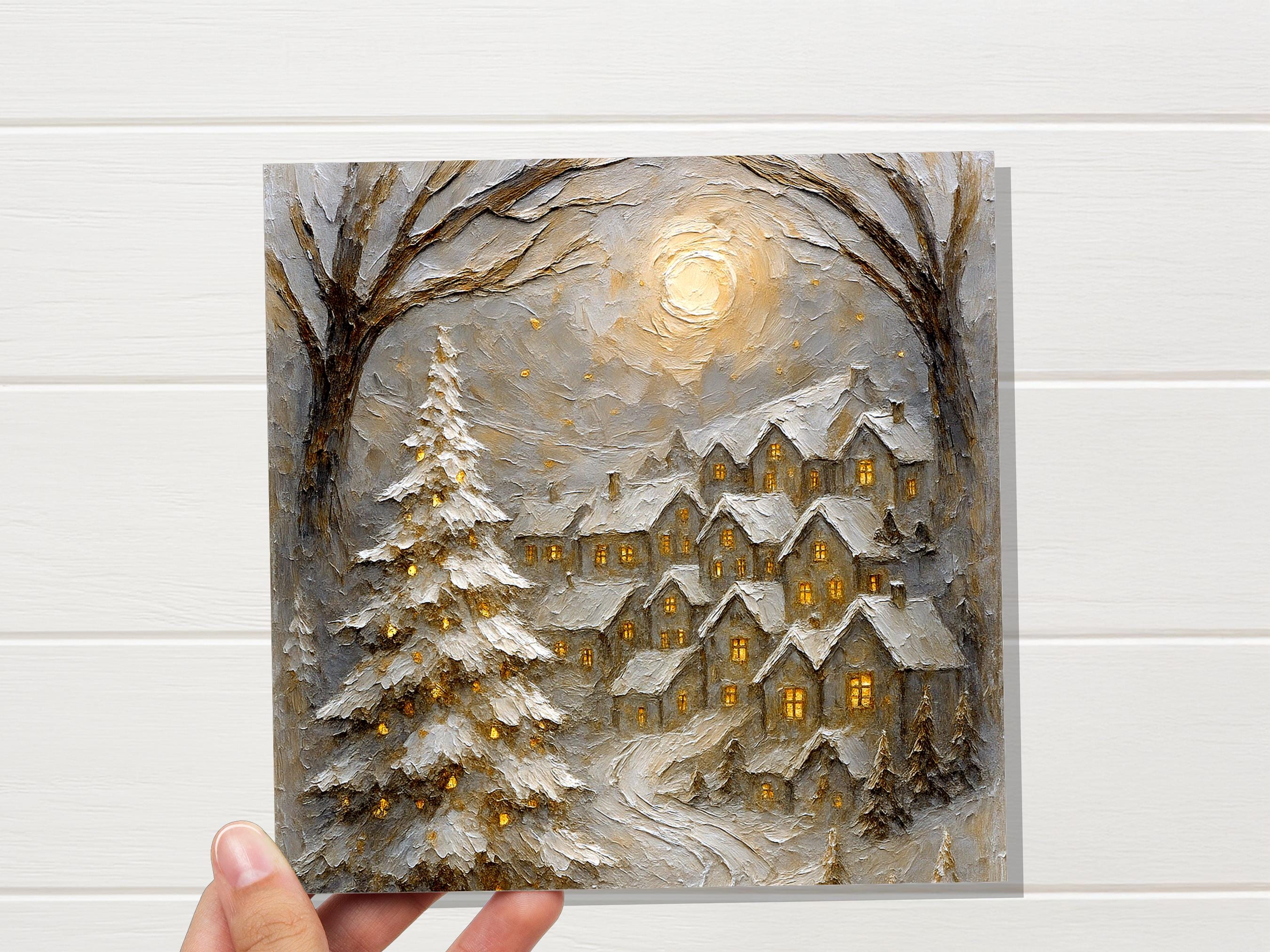 White Winter Village Christmas Card Snowy Cottage Scene Glowing Night Scene Luxury Neutral Golden Holiday Greeting Cards Pack of 1, 5, or 10 - View 4