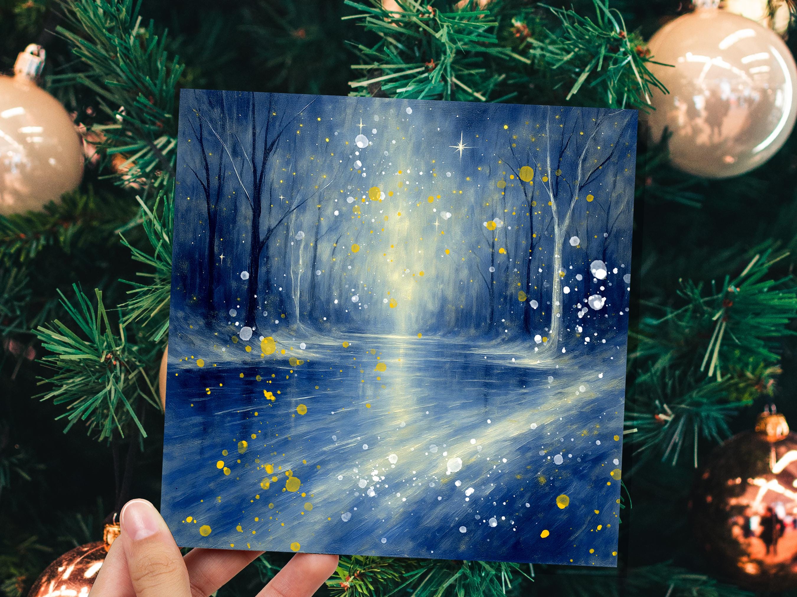 Enchanted Winter River Christmas Card Mystical Starry Night Scene Magical Blue & Gold Snow Abstract Art Peaceful Forest Greeting Xmas 2025 - View 4