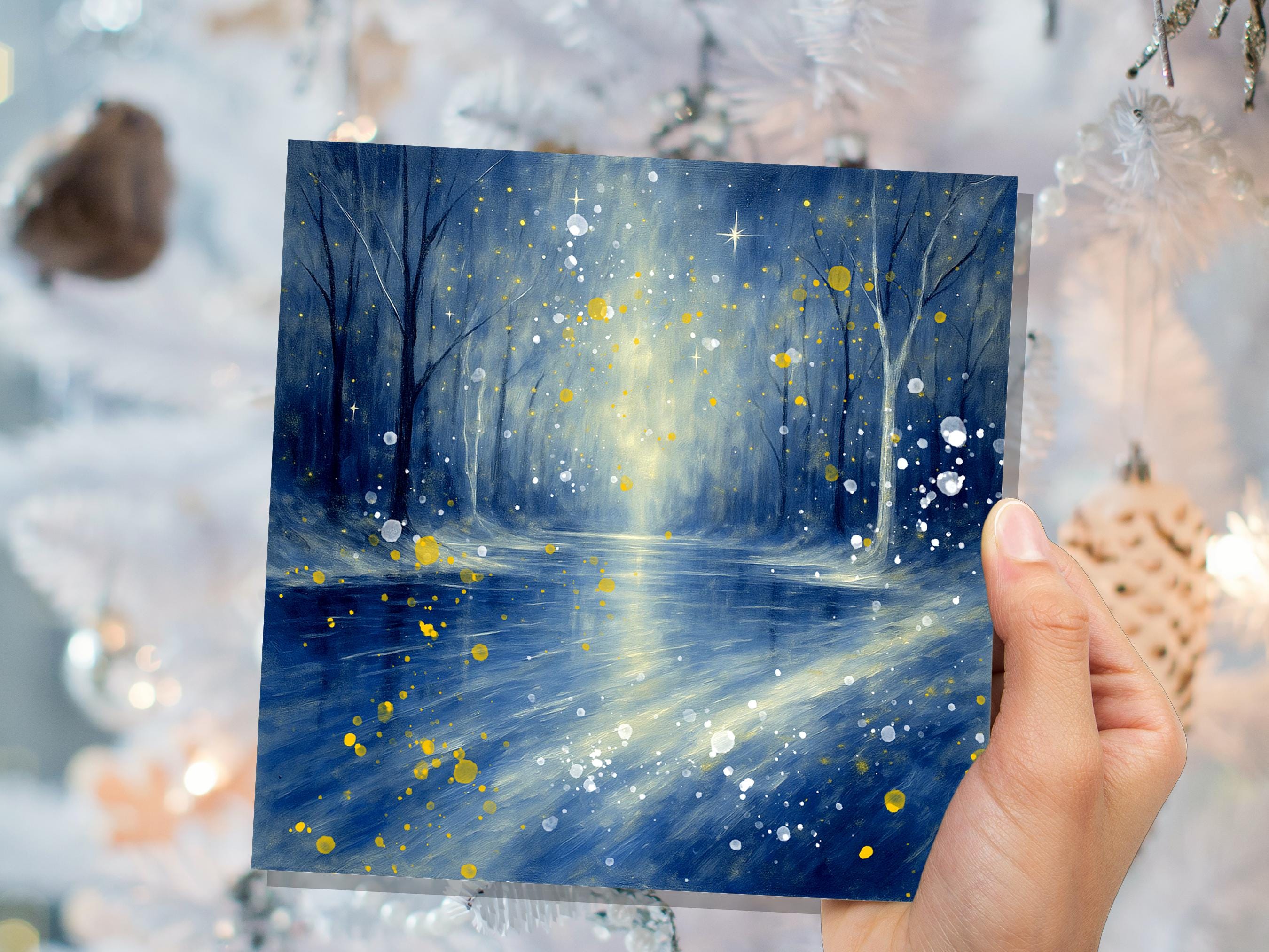 Enchanted Winter River Christmas Card Mystical Starry Night Scene Magical Blue & Gold Snow Abstract Art Peaceful Forest Greeting Xmas 2025