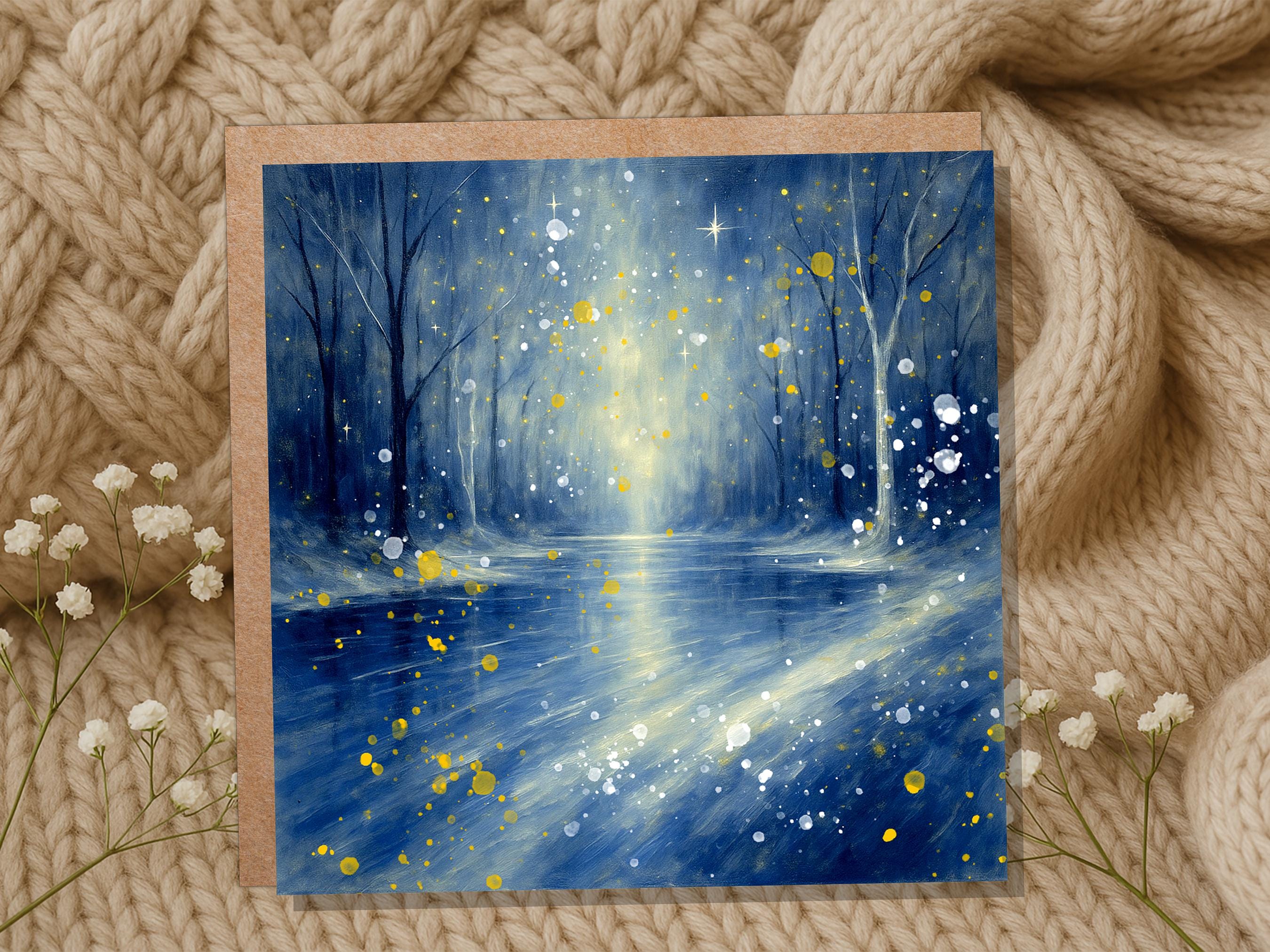Enchanted Winter River Christmas Card Mystical Starry Night Scene Magical Blue & Gold Snow Abstract Art Peaceful Forest Greeting Xmas 2025 - View 8