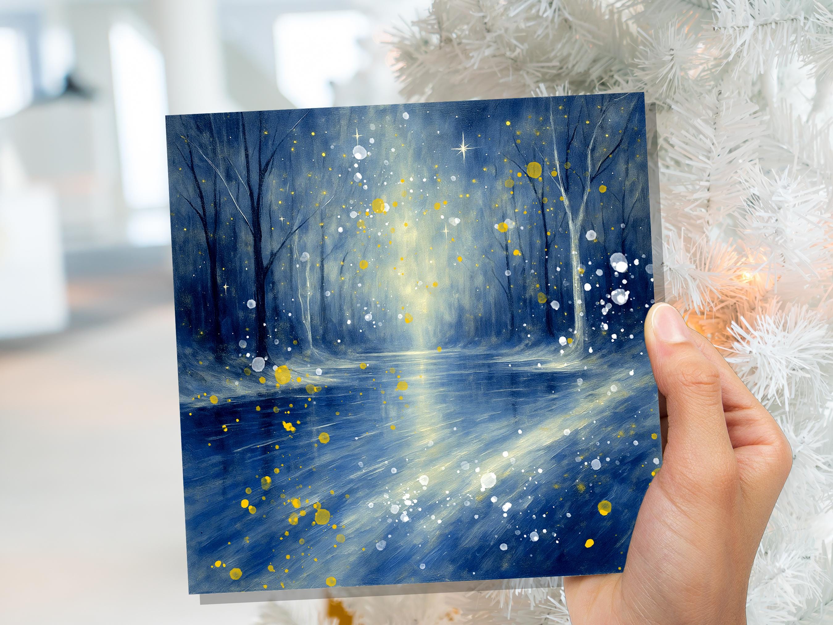 Enchanted Winter River Christmas Card Mystical Starry Night Scene Magical Blue & Gold Snow Abstract Art Peaceful Forest Greeting Xmas 2025 - View 2