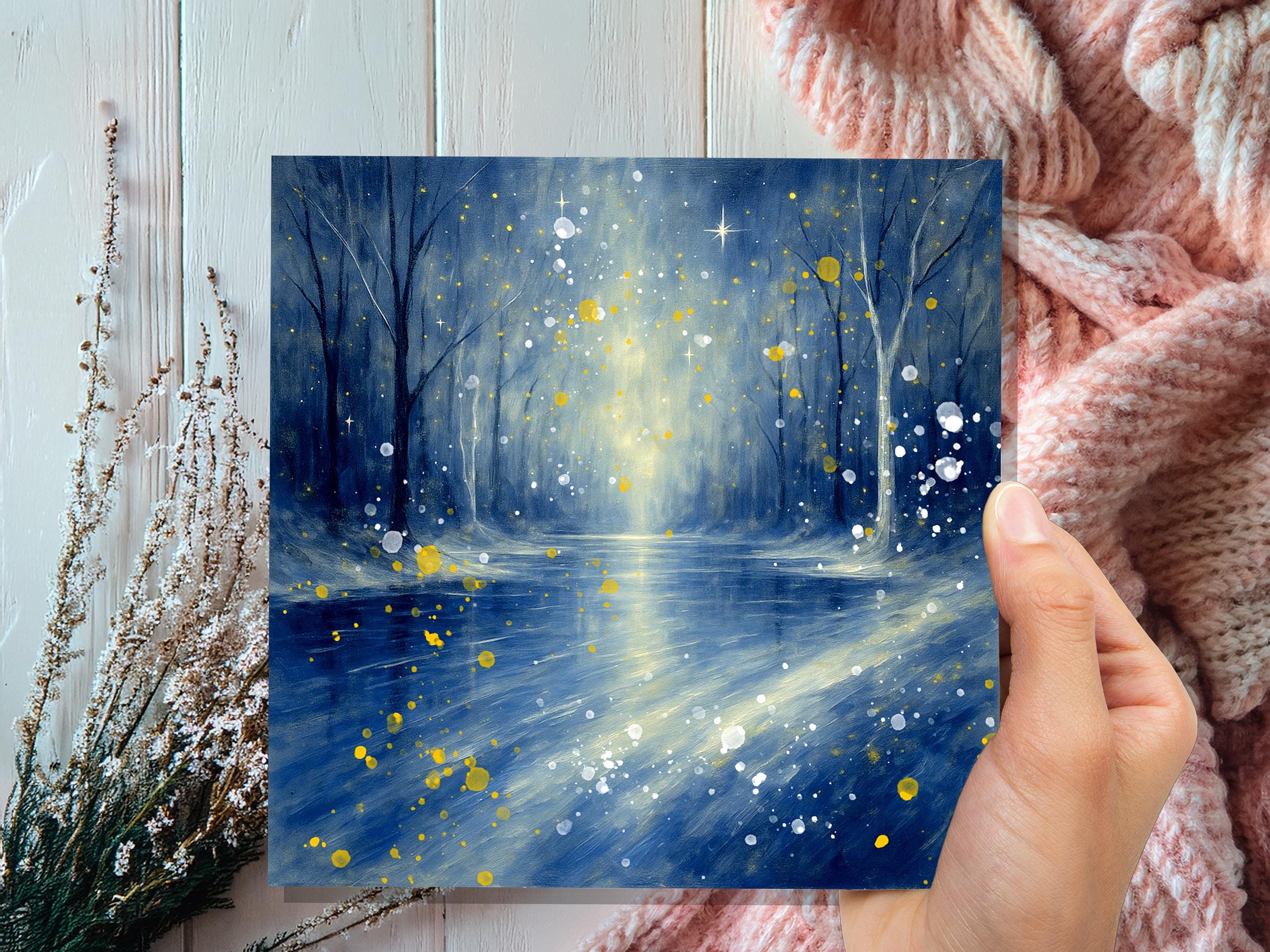 Enchanted Winter River Christmas Card Mystical Starry Night Scene Magical Blue & Gold Snow Abstract Art Peaceful Forest Greeting Xmas 2025 - View 3