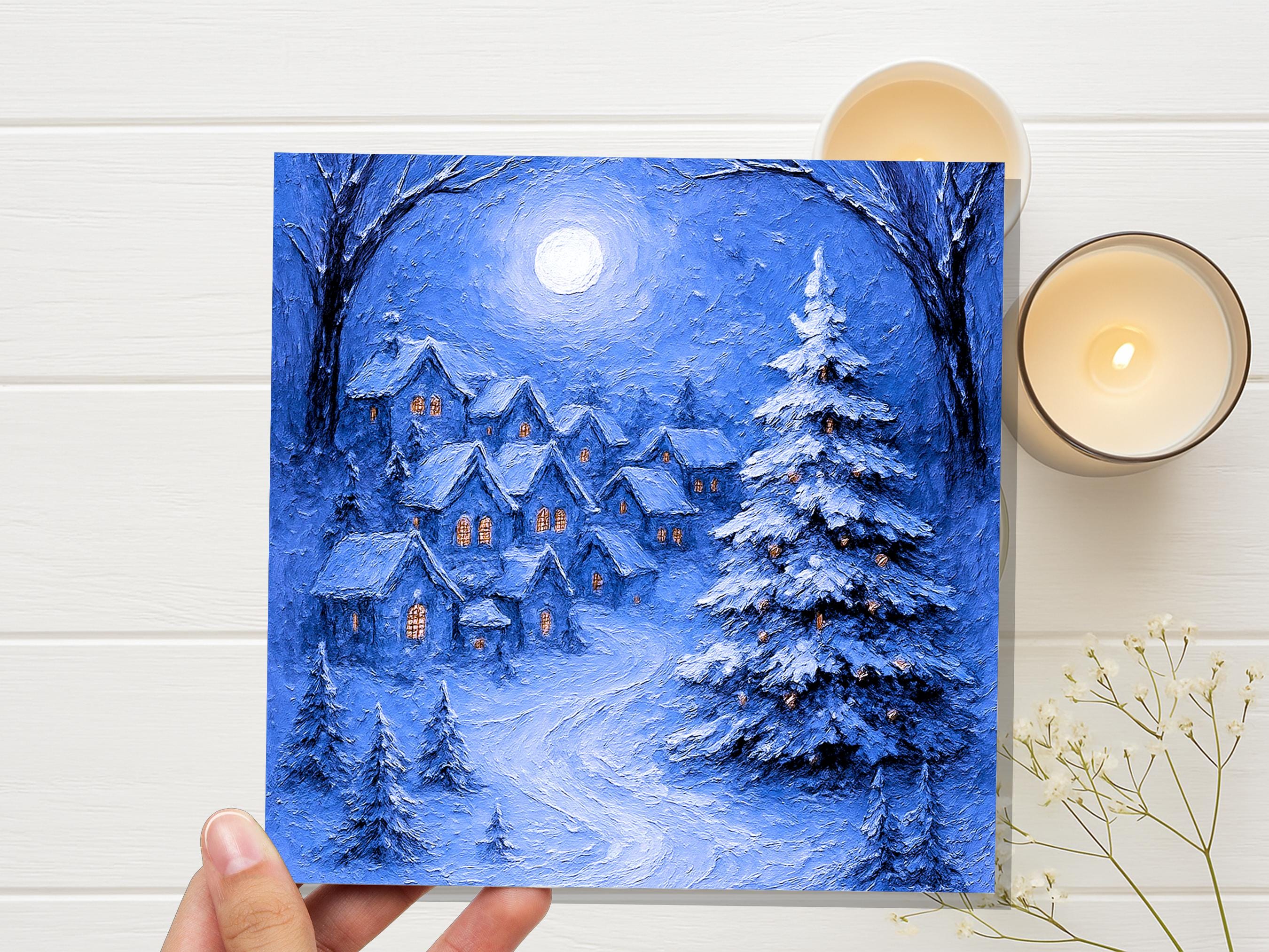 Snowy Night Before Xmas Scene Magical Winter Village Christmas Card Blue Painterly Impasto Cosy Festive Holiday Greeting Snow Tree Scene - View 6
