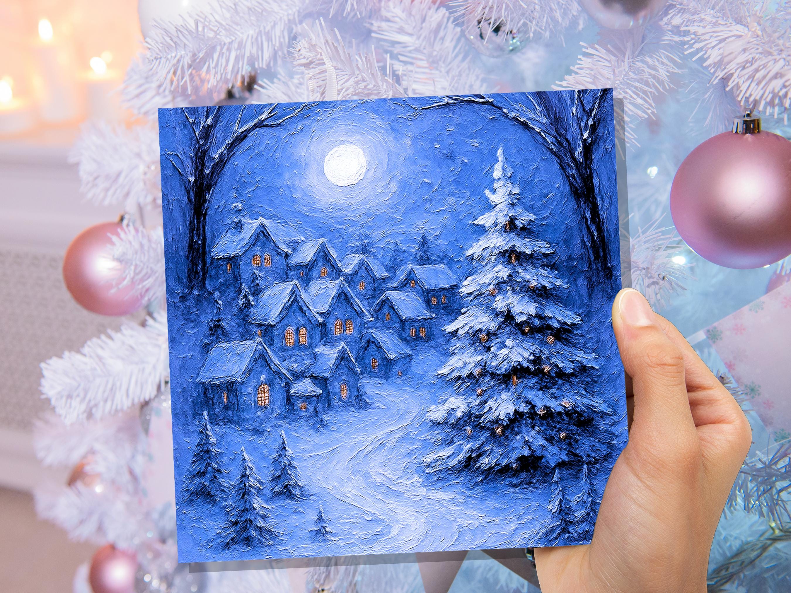 Snowy Night Before Xmas Scene Magical Winter Village Christmas Card Blue Painterly Impasto Cosy Festive Holiday Greeting Snow Tree Scene - View 5