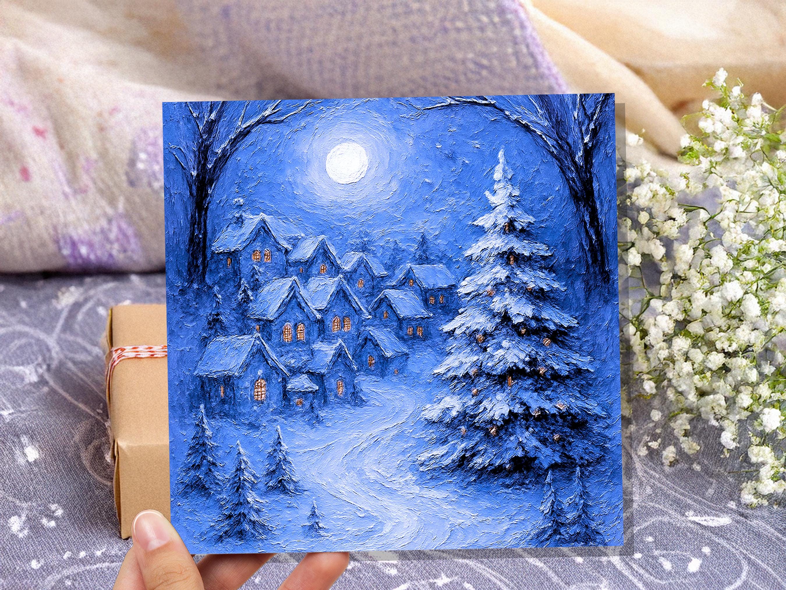 Snowy Night Before Xmas Scene Magical Winter Village Christmas Card Blue Painterly Impasto Cosy Festive Holiday Greeting Snow Tree Scene - View 4