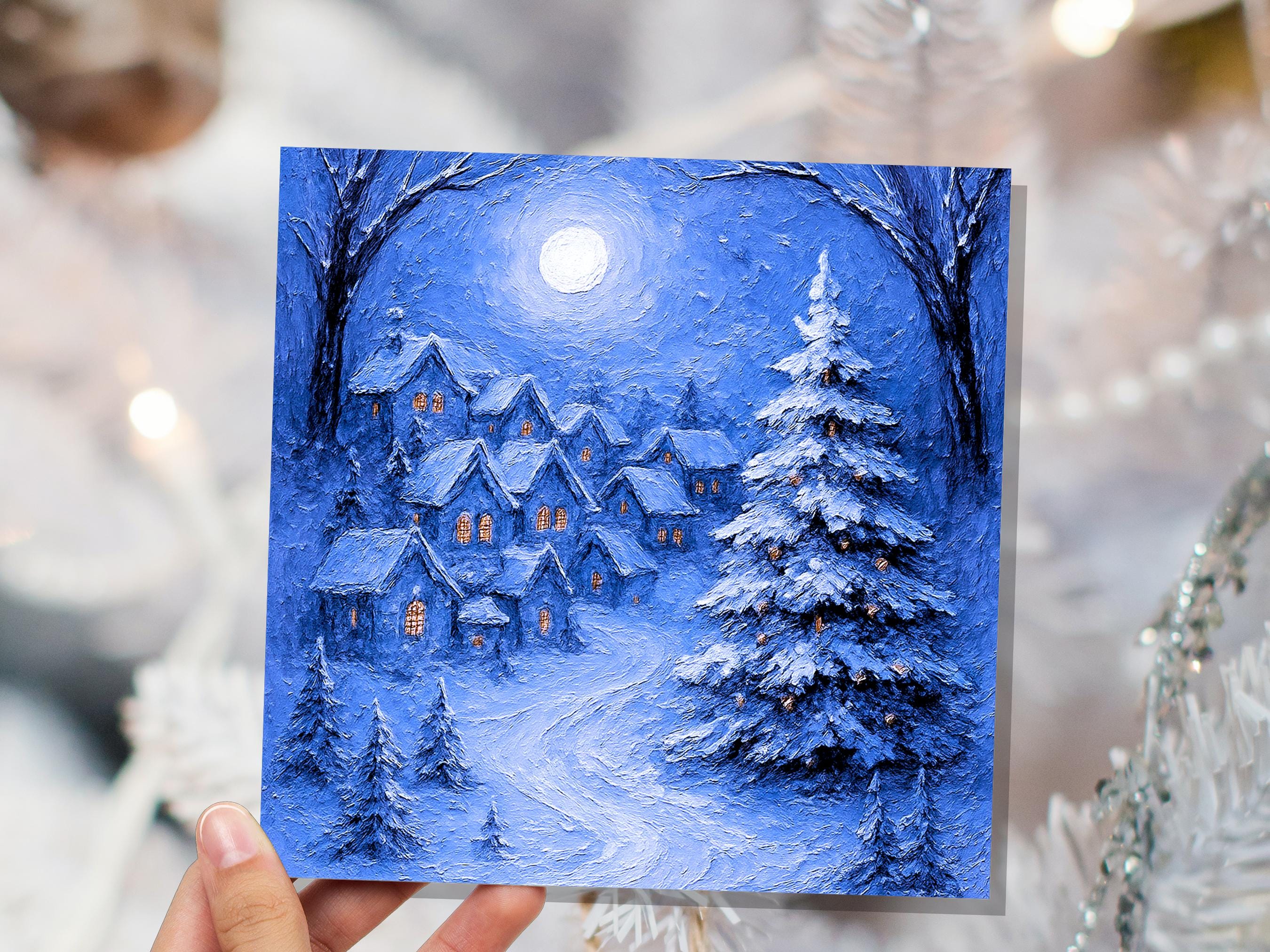 Snowy Night Before Xmas Scene Magical Winter Village Christmas Card Blue Painterly Impasto Cosy Festive Holiday Greeting Snow Tree Scene