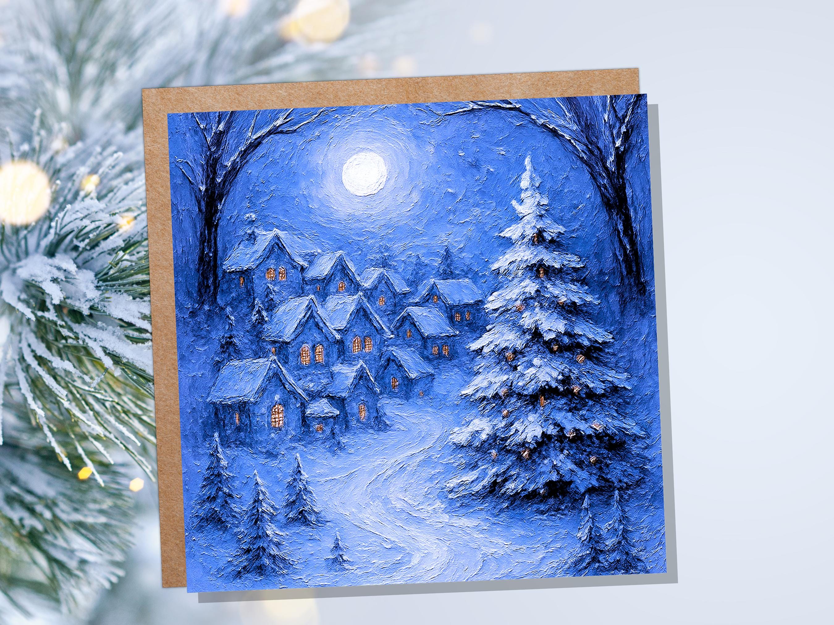 Snowy Night Before Xmas Scene Magical Winter Village Christmas Card Blue Painterly Impasto Cosy Festive Holiday Greeting Snow Tree Scene - View 2