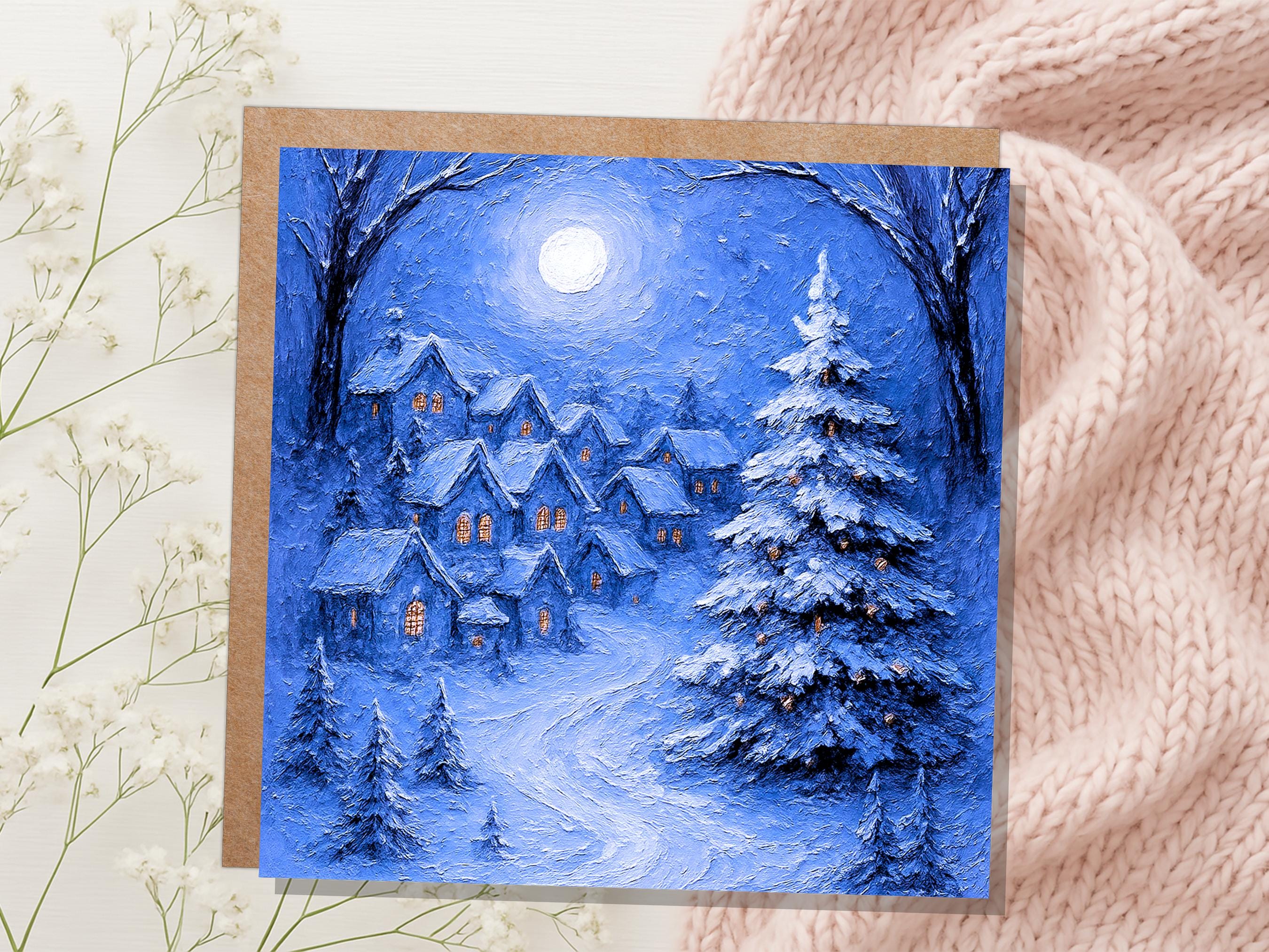 Snowy Night Before Xmas Scene Magical Winter Village Christmas Card Blue Painterly Impasto Cosy Festive Holiday Greeting Snow Tree Scene - View 8