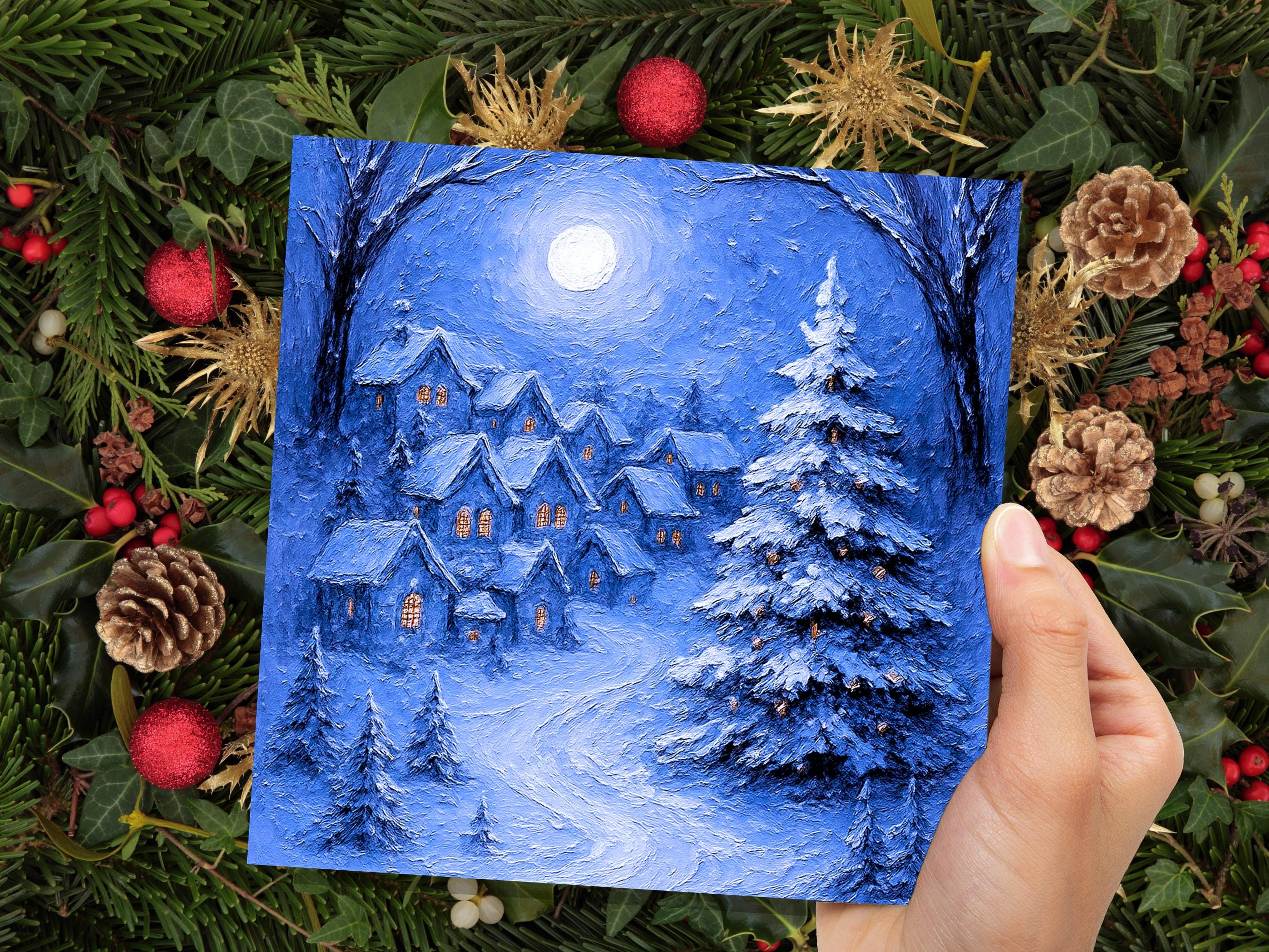 Snowy Night Before Xmas Scene Magical Winter Village Christmas Card Blue Painterly Impasto Cosy Festive Holiday Greeting Snow Tree Scene - View 9