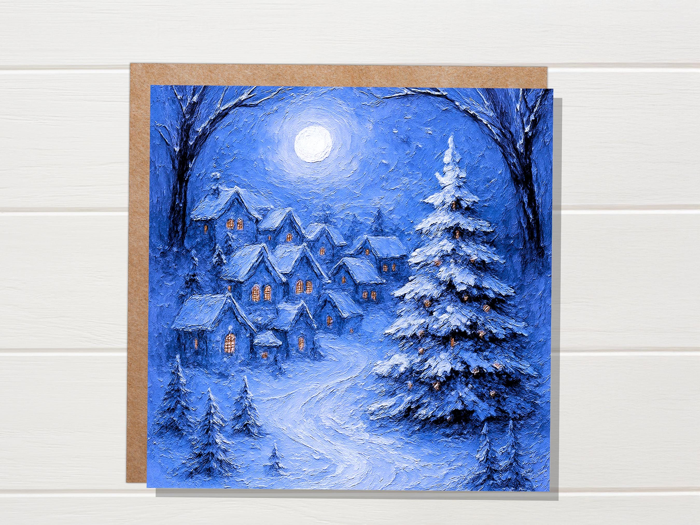Snowy Night Before Xmas Scene Magical Winter Village Christmas Card Blue Painterly Impasto Cosy Festive Holiday Greeting Snow Tree Scene - View 7