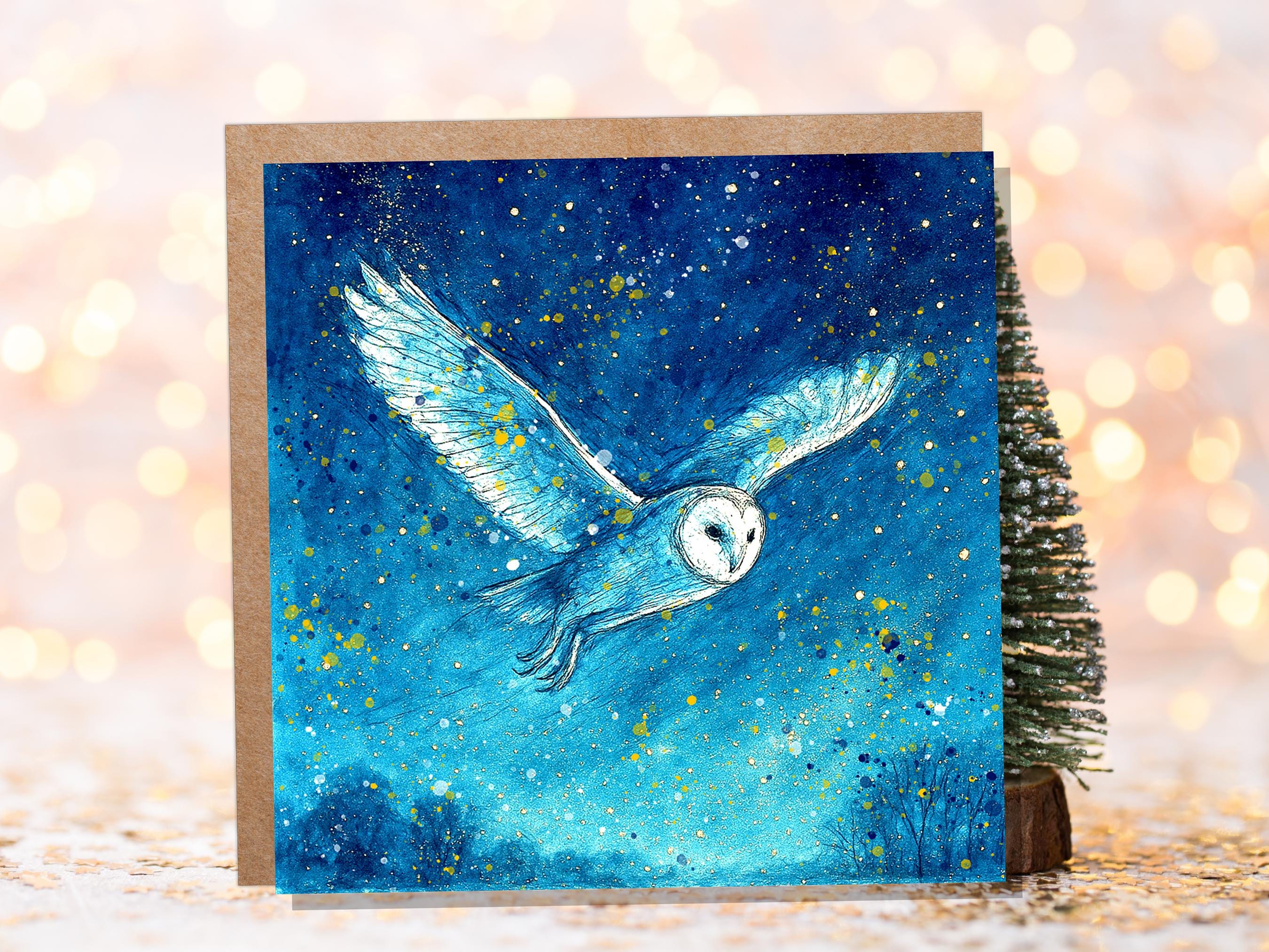Magical Barn Owl in Flight Watercolour Art Print Celestial Night Sky Wildlife Painting Starry Blue Gold Mystical Nature Wall Art Bird Lover - View 7