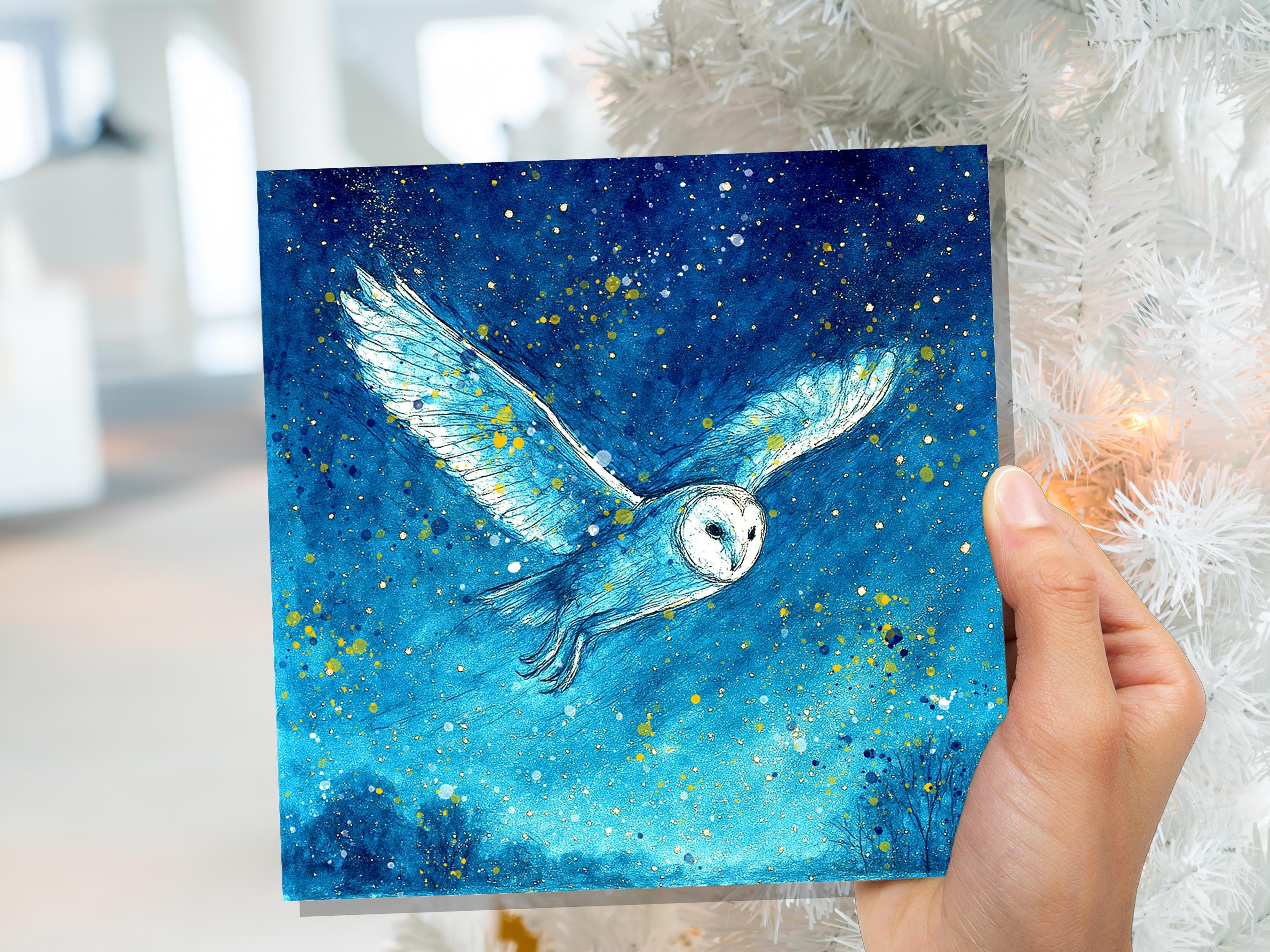 Magical Barn Owl in Flight Watercolour Art Print Celestial Night Sky Wildlife Painting Starry Blue Gold Mystical Nature Wall Art Bird Lover