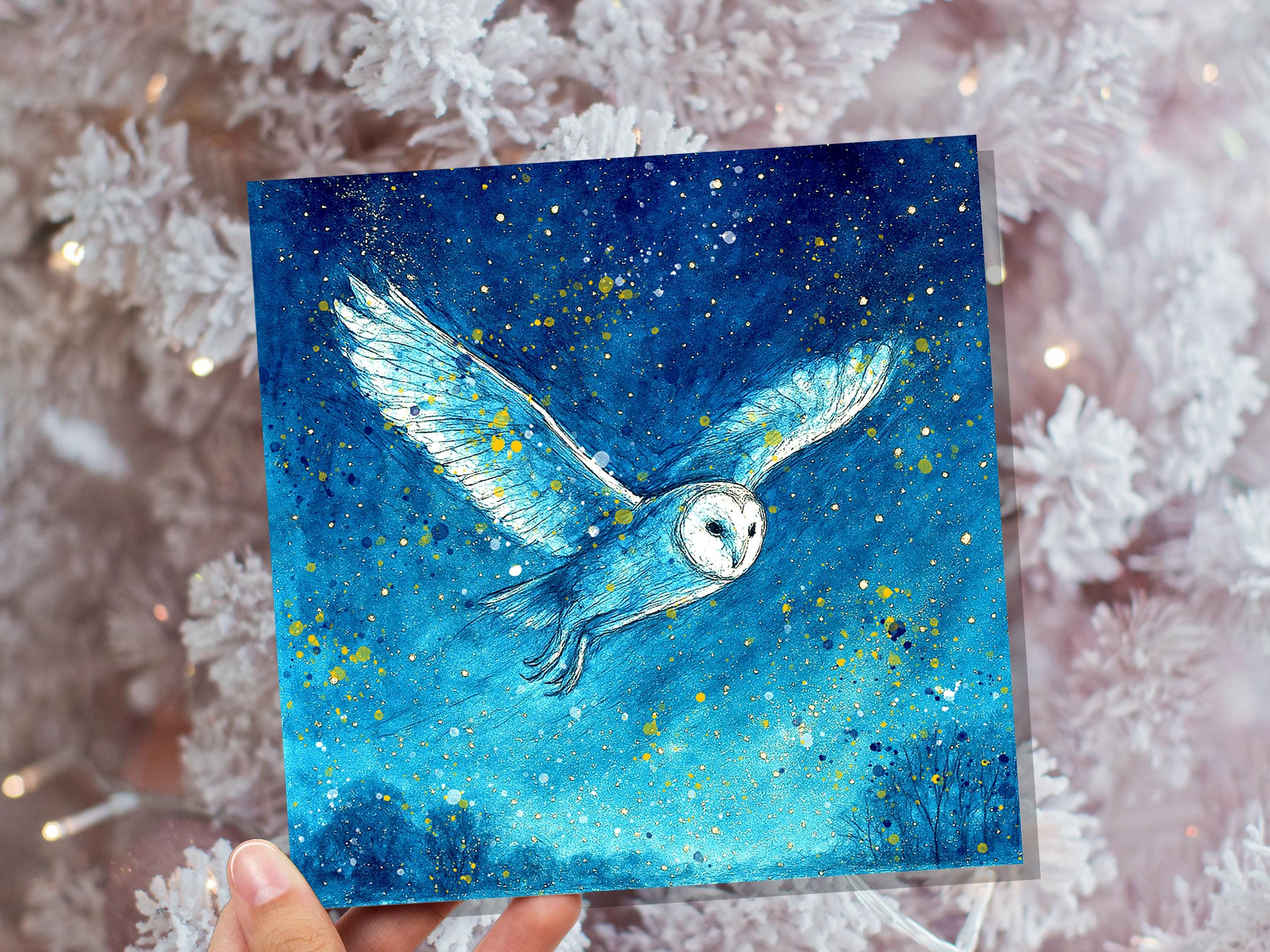 Magical Barn Owl in Flight Watercolour Art Print Celestial Night Sky Wildlife Painting Starry Blue Gold Mystical Nature Wall Art Bird Lover - View 4