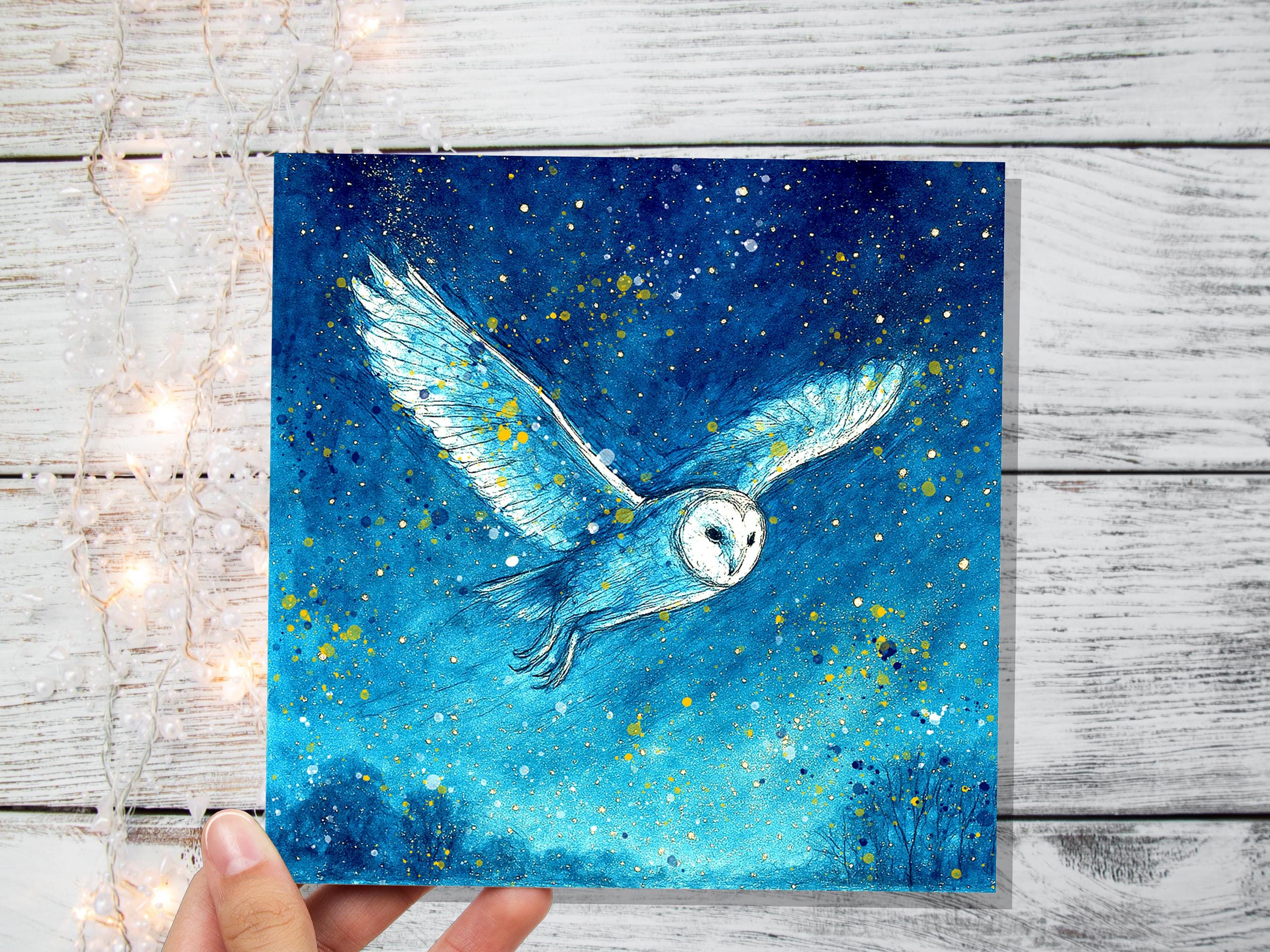 Magical Barn Owl in Flight Watercolour Art Print Celestial Night Sky Wildlife Painting Starry Blue Gold Mystical Nature Wall Art Bird Lover - View 5