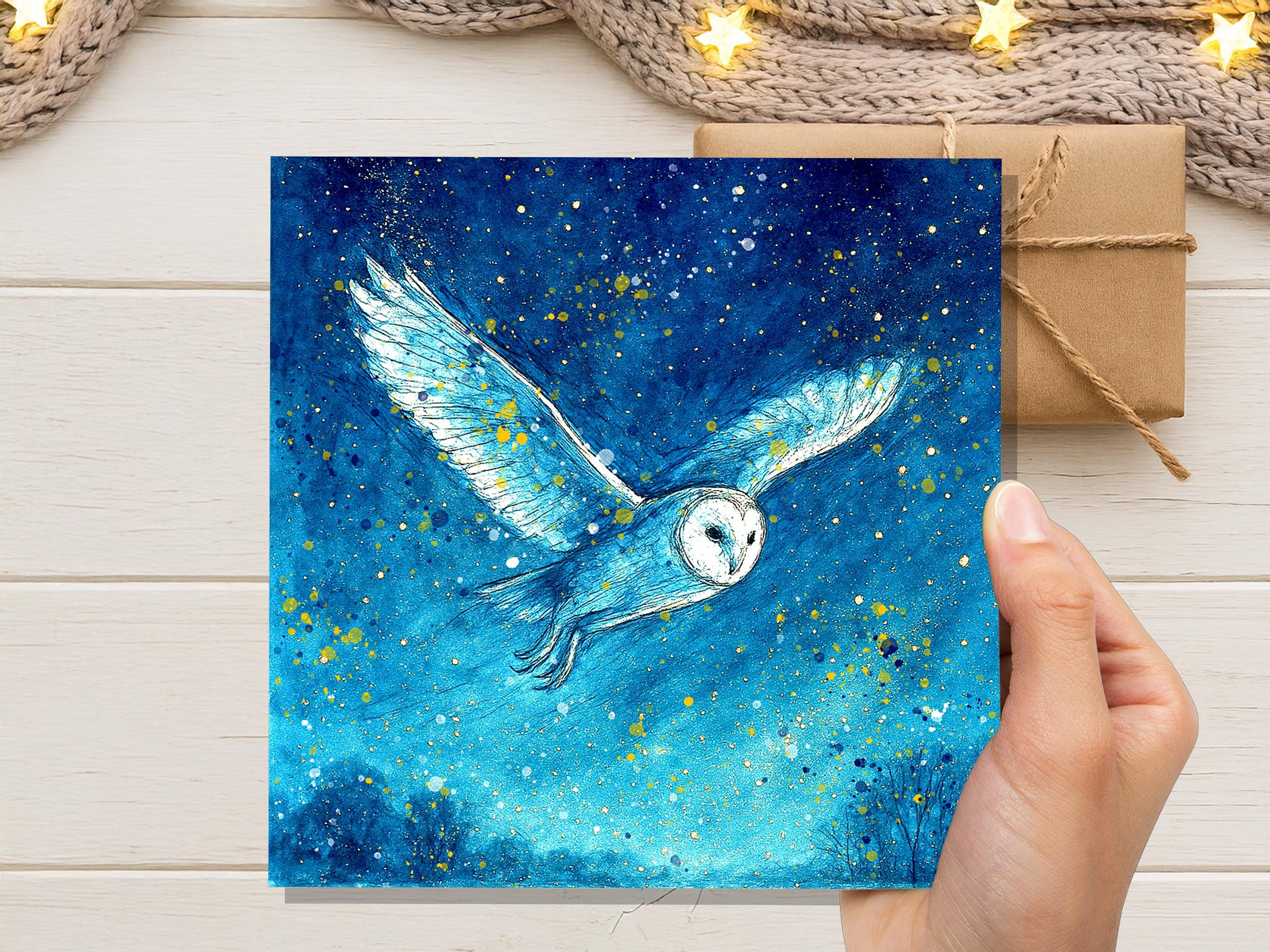 Magical Barn Owl in Flight Watercolour Art Print Celestial Night Sky Wildlife Painting Starry Blue Gold Mystical Nature Wall Art Bird Lover - View 2