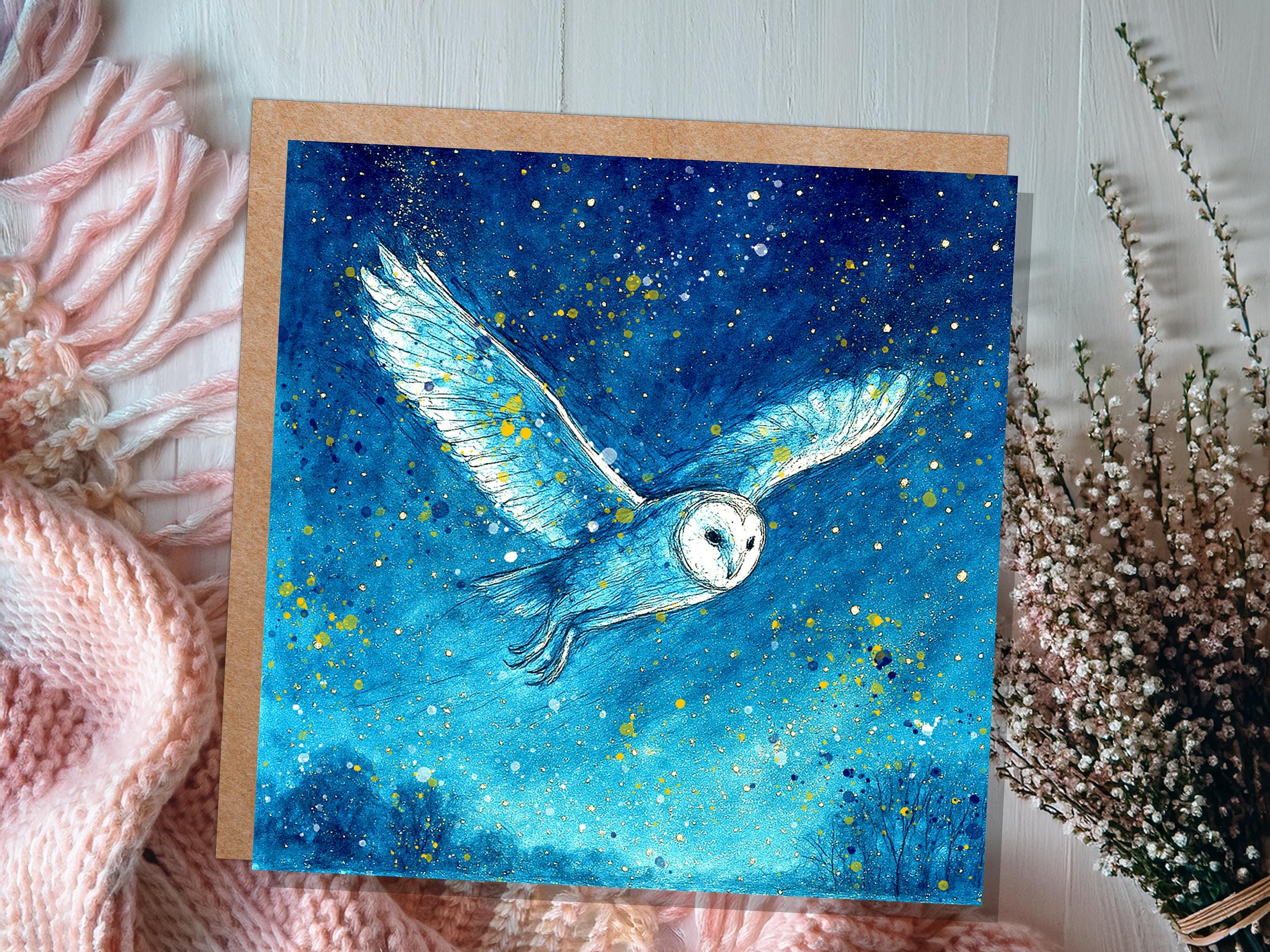 Magical Barn Owl in Flight Watercolour Art Print Celestial Night Sky Wildlife Painting Starry Blue Gold Mystical Nature Wall Art Bird Lover - View 9