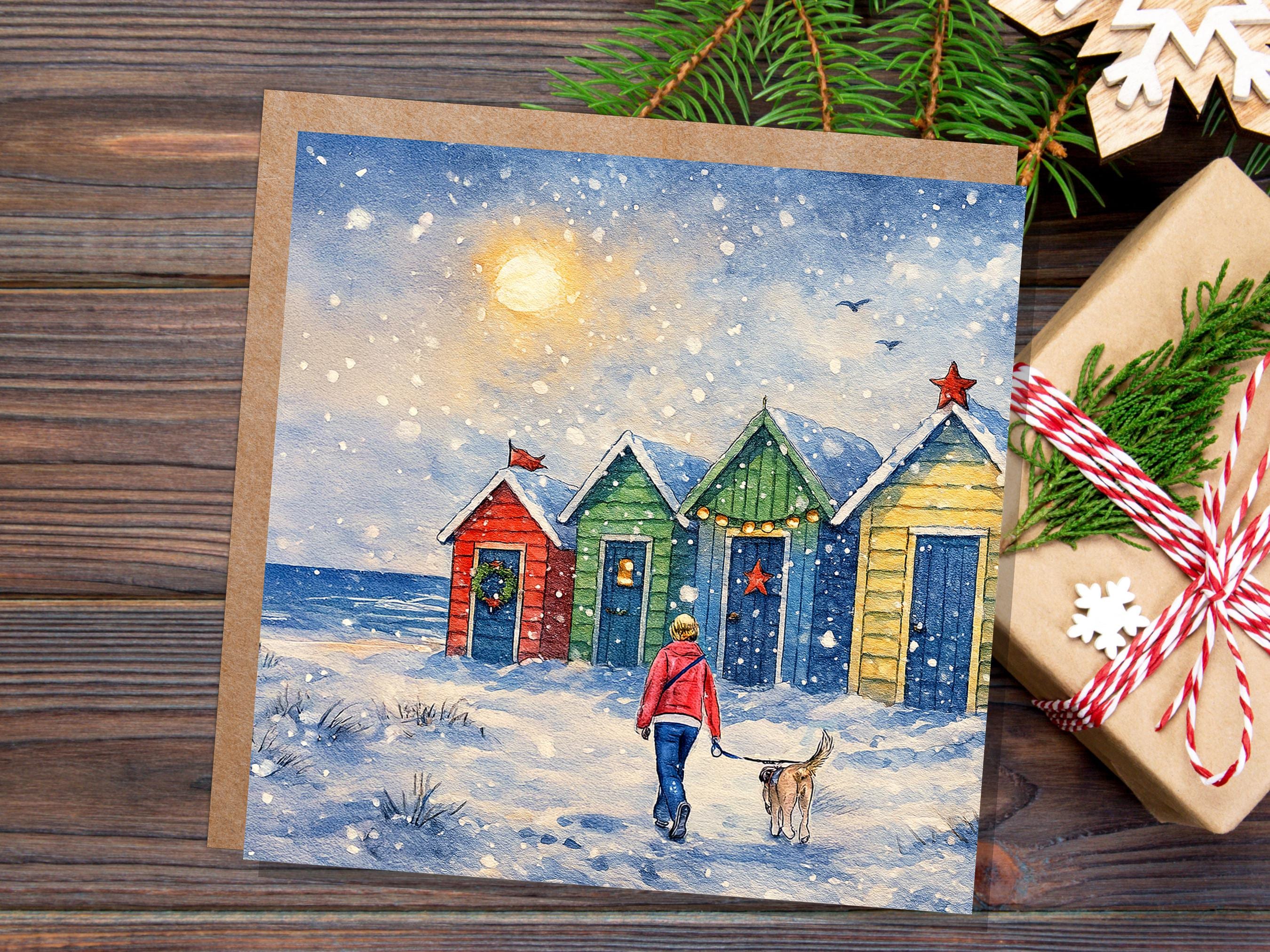 Dog Walker Christmas Card Beach Huts Winter Sun Scene Snowy Seaside Watercolour Art Xmas Greeting Card for Pet Walking Sitters Friends 2025