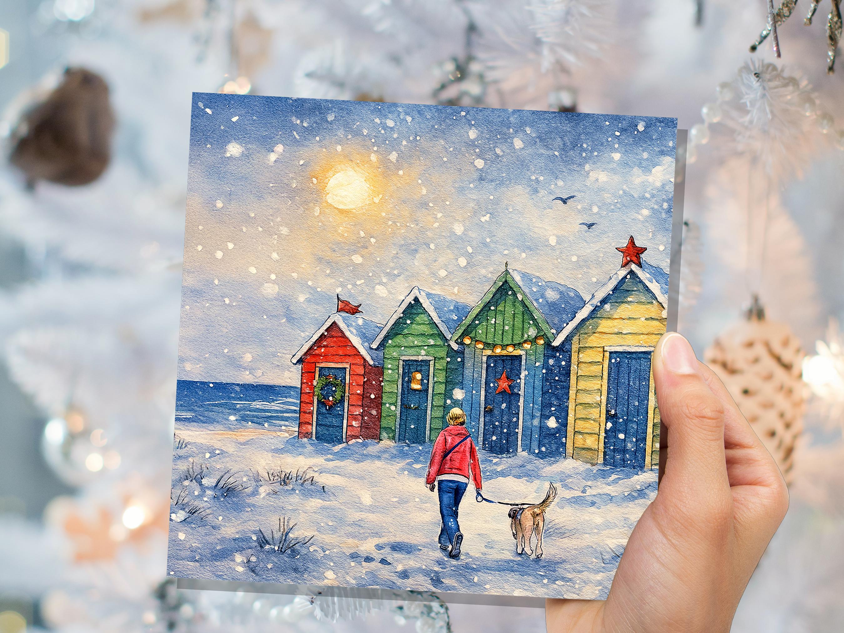 Dog Walker Christmas Card Beach Huts Winter Sun Scene Snowy Seaside Watercolour Art Xmas Greeting Card for Pet Walking Sitters Friends 2025 - View 2