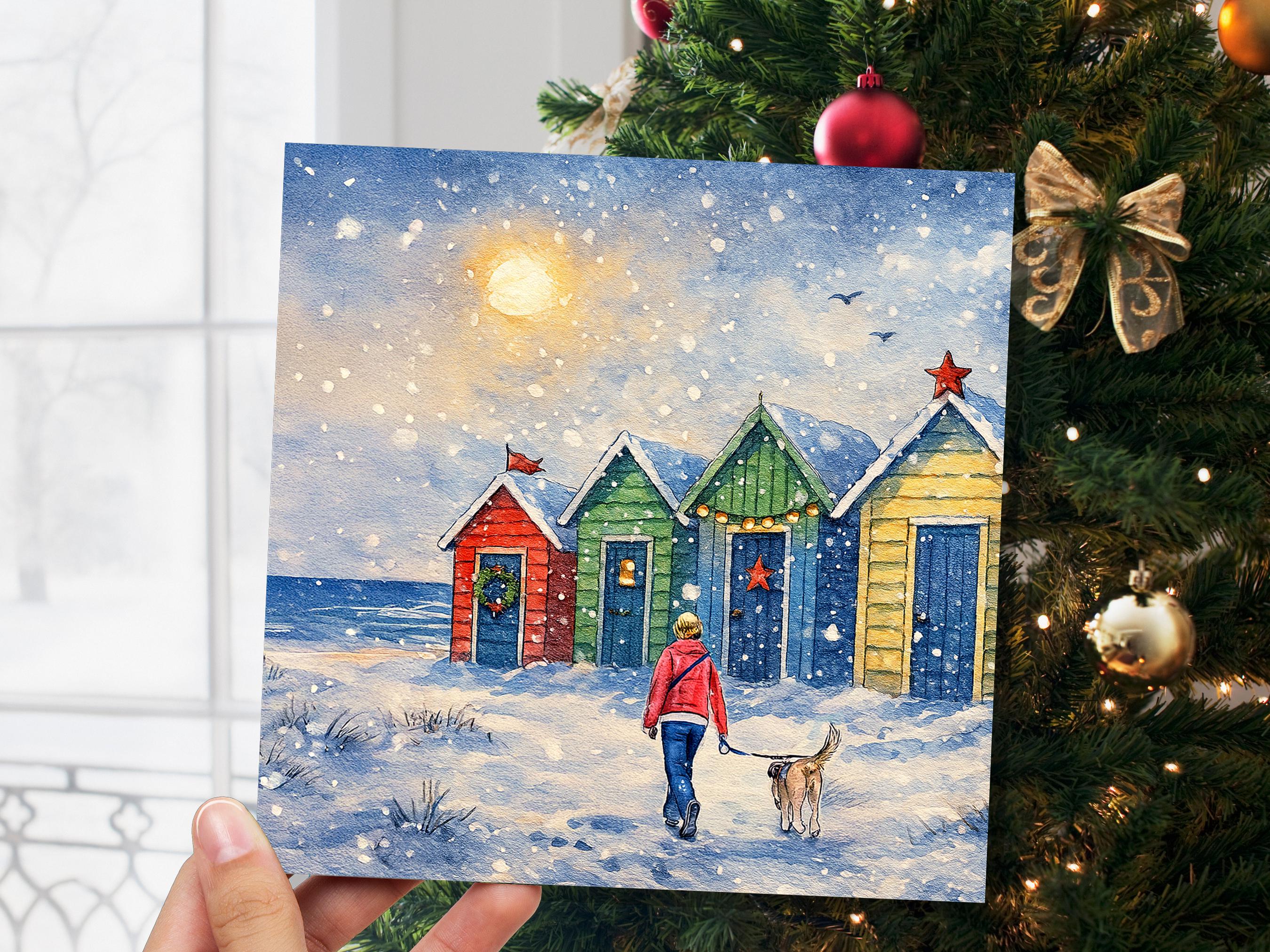 Dog Walker Christmas Card Beach Huts Winter Sun Scene Snowy Seaside Watercolour Art Xmas Greeting Card for Pet Walking Sitters Friends 2025 - View 7