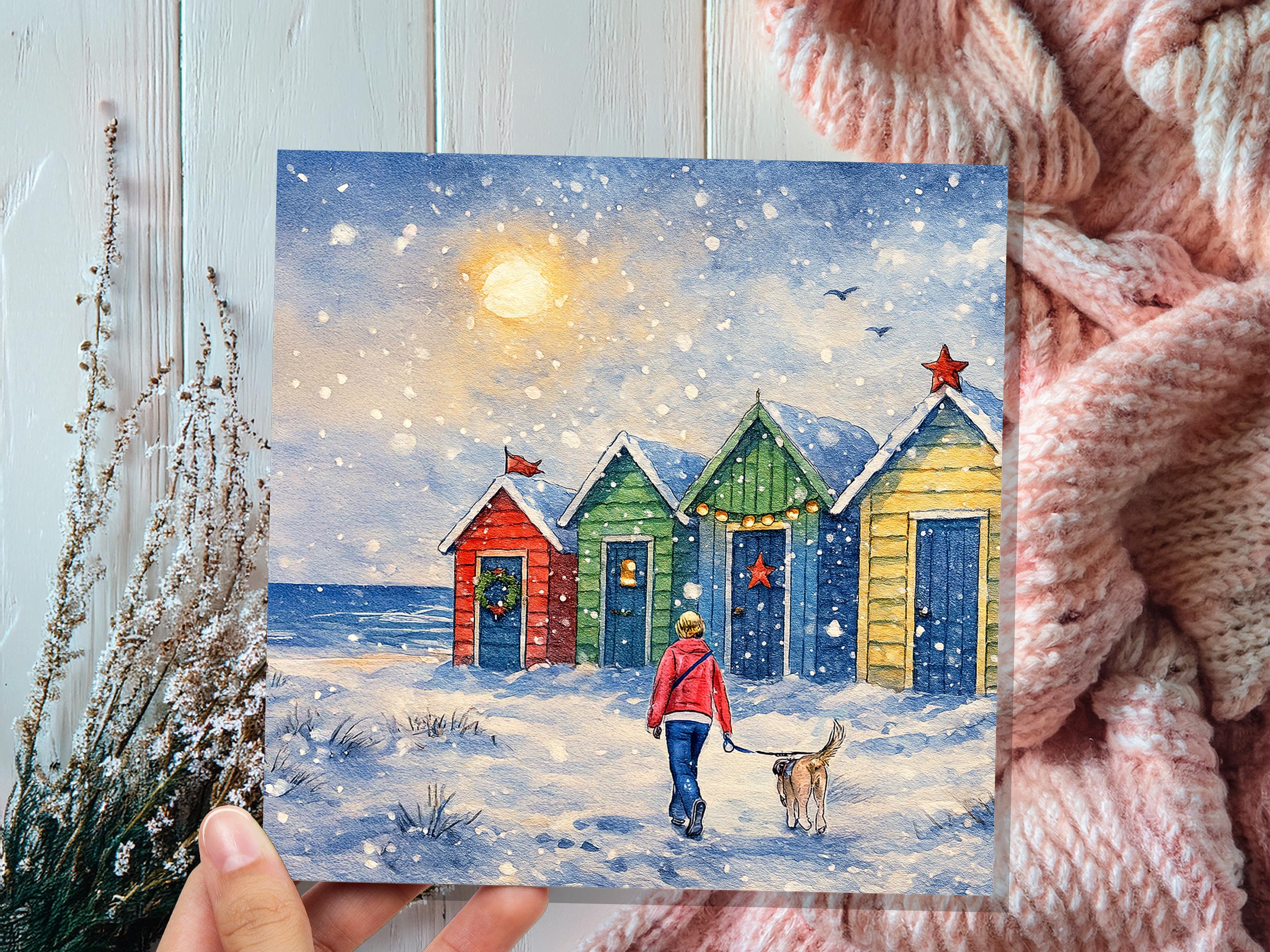 Dog Walker Christmas Card Beach Huts Winter Sun Scene Snowy Seaside Watercolour Art Xmas Greeting Card for Pet Walking Sitters Friends 2025 - View 5