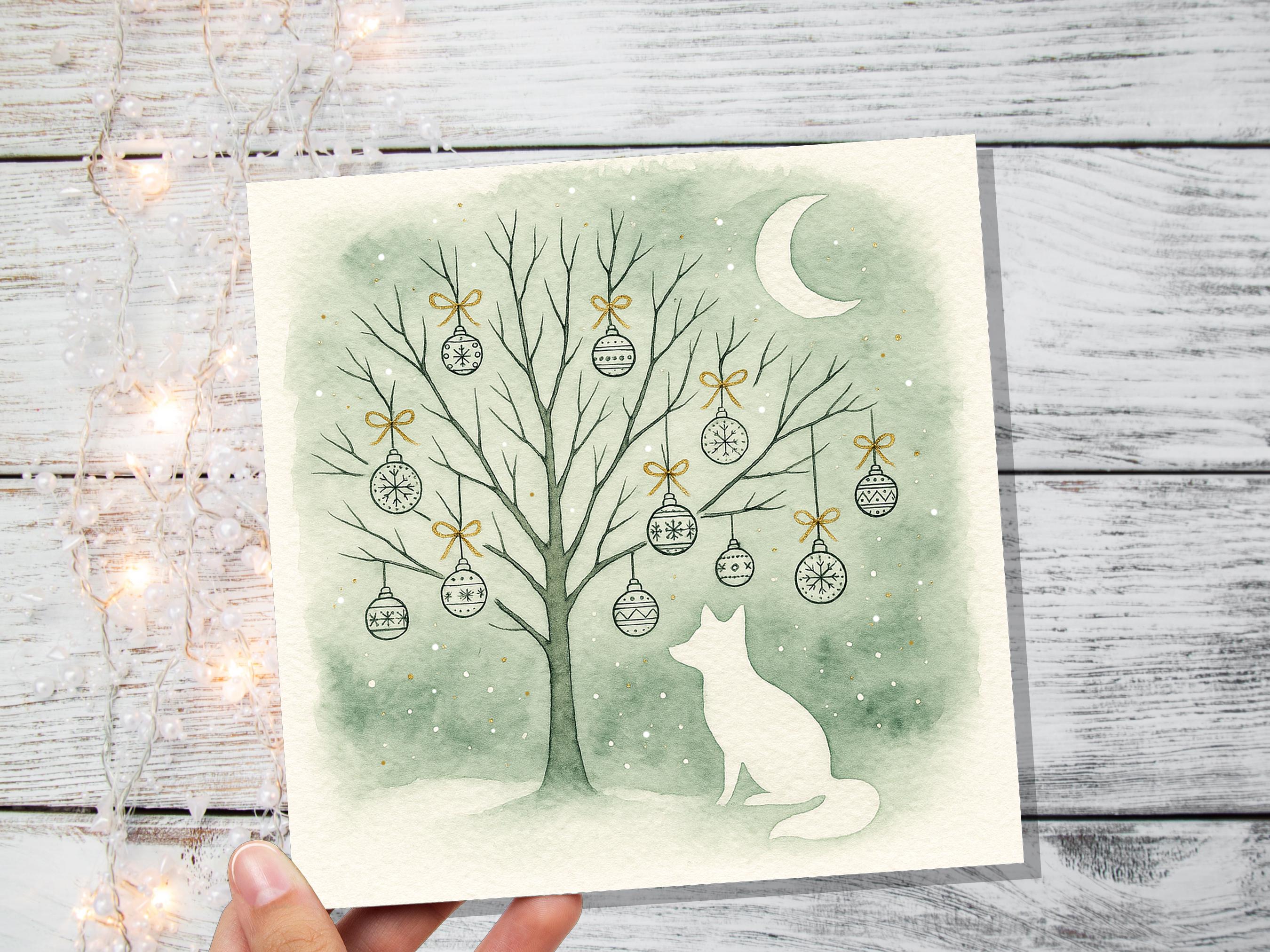 Sage Green Winter Fox Christmas Card White Crescent Moon Watercolour Snow Scene Festive Baubles Gold Art Linocut Style Neutral Nordic Design - View 5