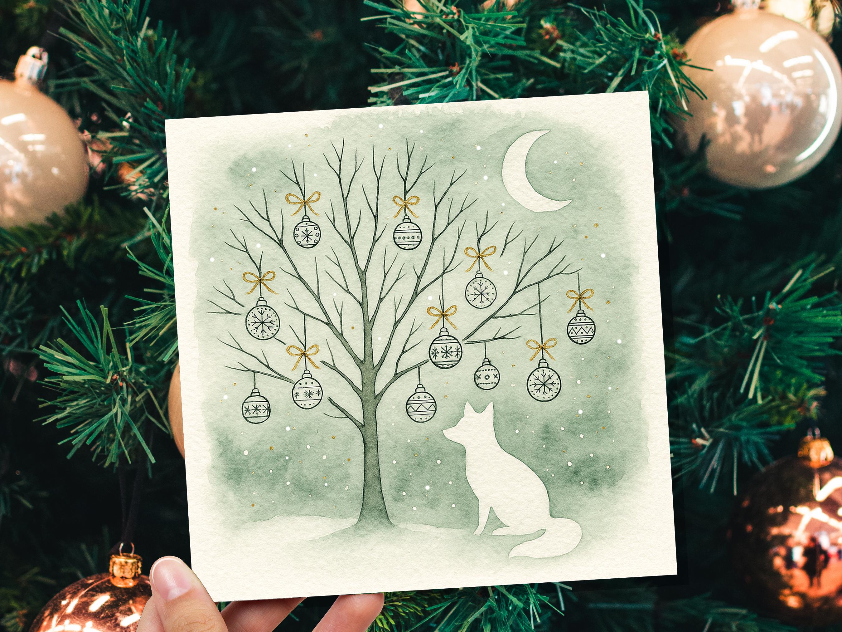 Sage Green Winter Fox Christmas Card White Crescent Moon Watercolour Snow Scene Festive Baubles Gold Art Linocut Style Neutral Nordic Design