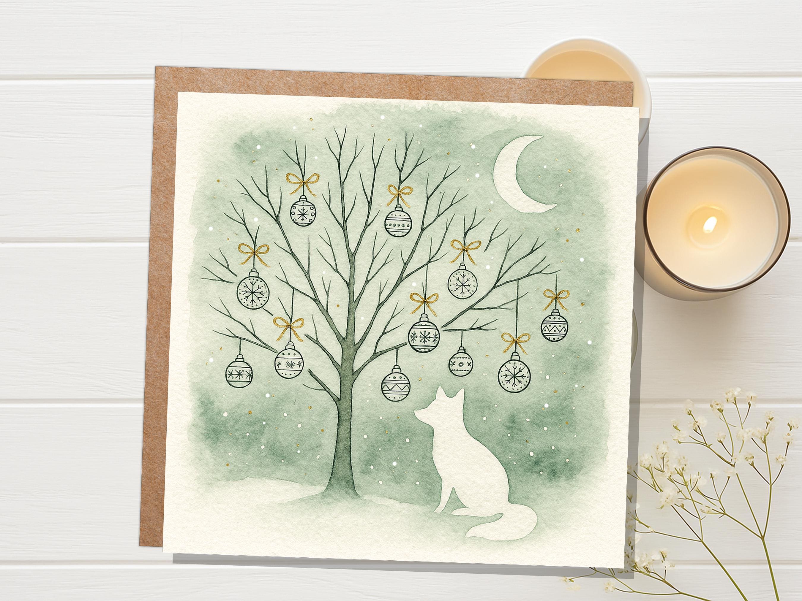 Sage Green Winter Fox Christmas Card White Crescent Moon Watercolour Snow Scene Festive Baubles Gold Art Linocut Style Neutral Nordic Design - View 8