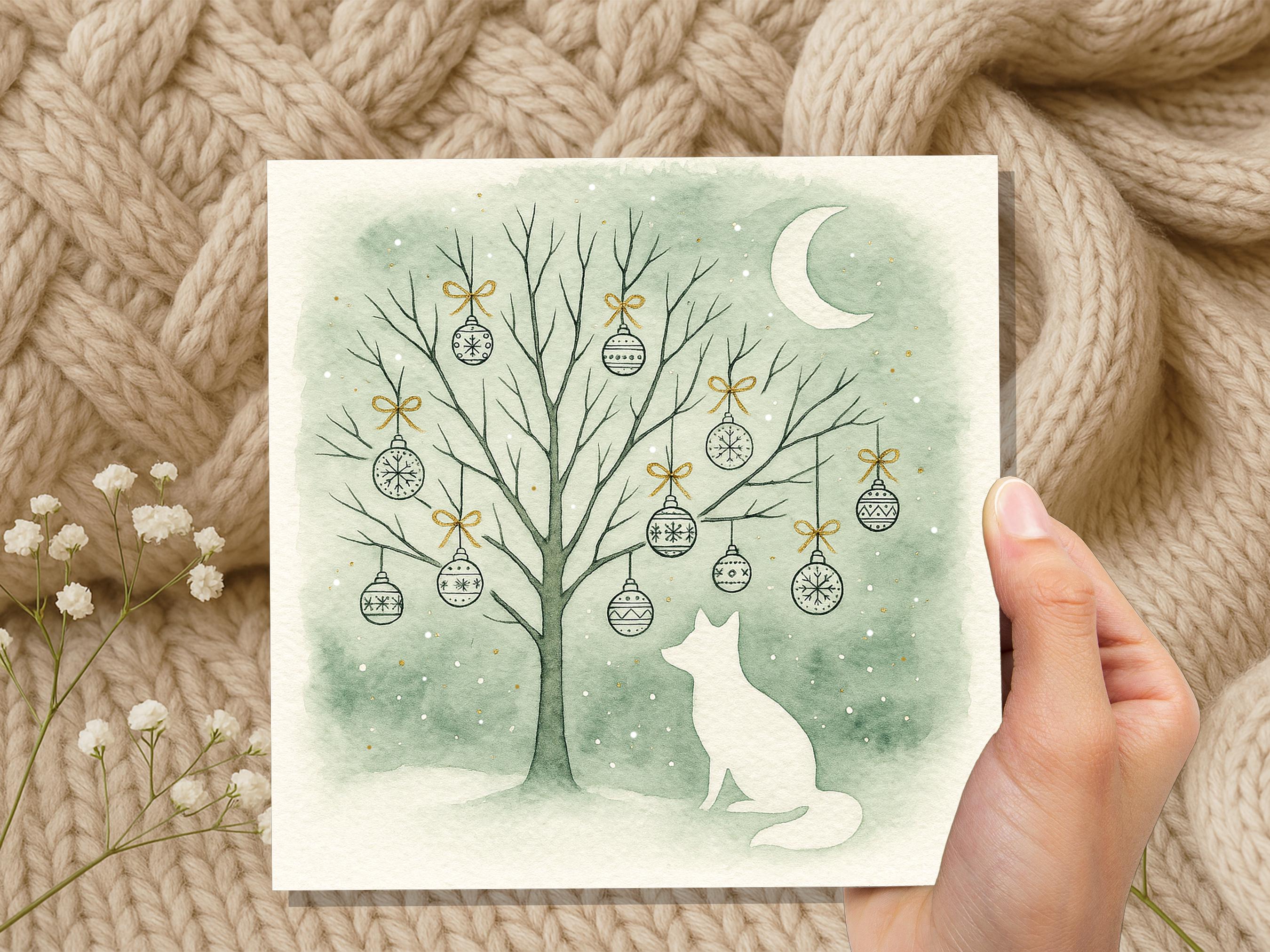 Sage Green Winter Fox Christmas Card White Crescent Moon Watercolour Snow Scene Festive Baubles Gold Art Linocut Style Neutral Nordic Design - View 3