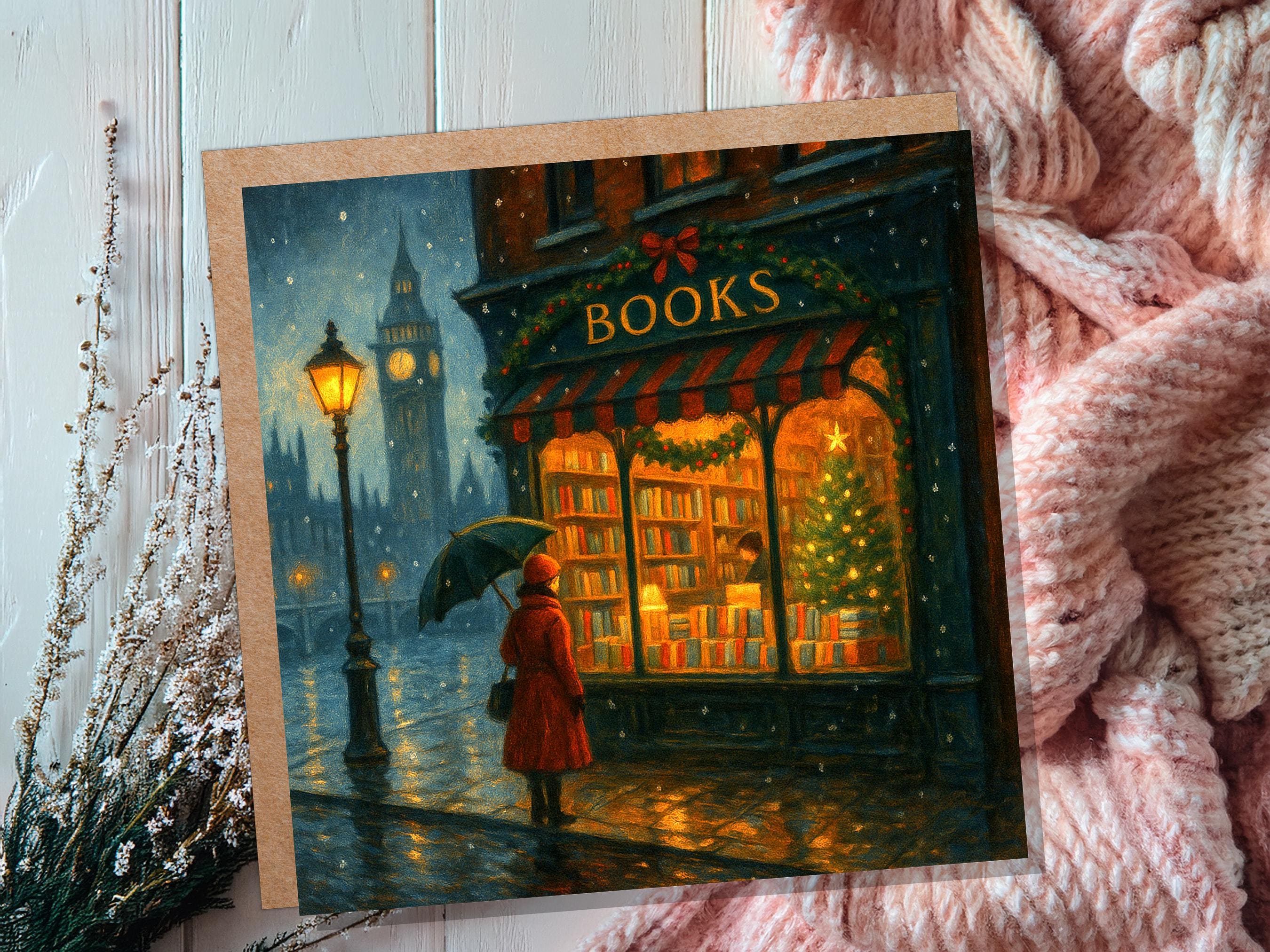 London Christmas Bookshop Card Big Ben Snow Scene Winter City Night Cosy Bookstore Painting Vintage for Book Lover Friends Family Xmas 2025 - View 8