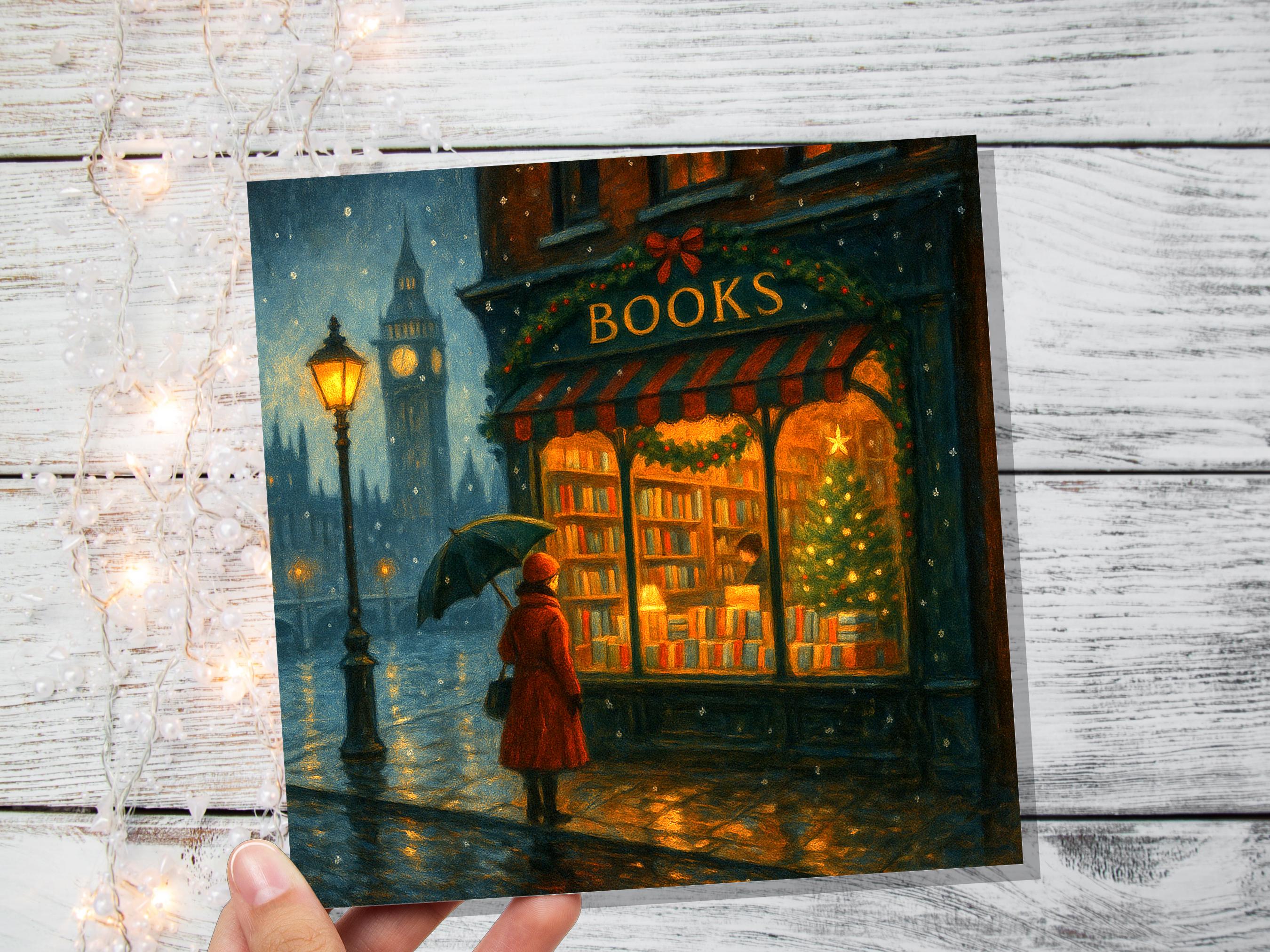 London Christmas Bookshop Card Big Ben Snow Scene Winter City Night Cosy Bookstore Painting Vintage for Book Lover Friends Family Xmas 2025 - View 6