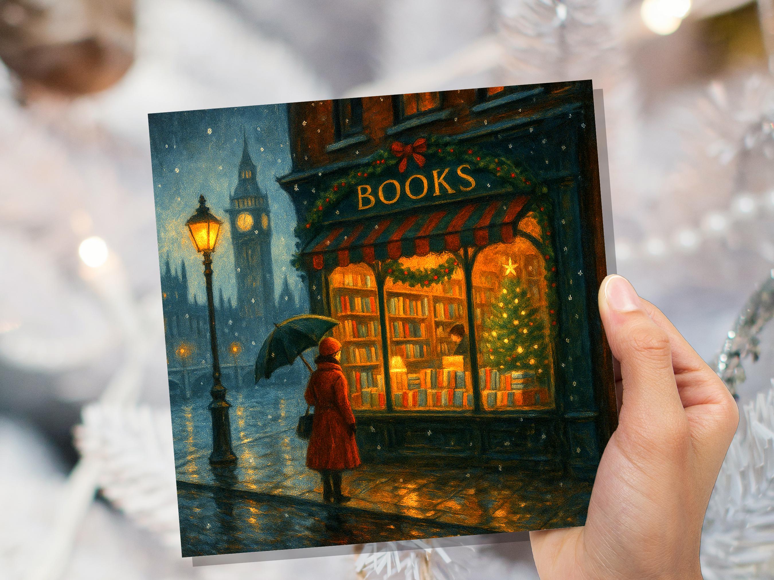 London Christmas Bookshop Card Big Ben Snow Scene Winter City Night Cosy Bookstore Painting Vintage for Book Lover Friends Family Xmas 2025 - View 3