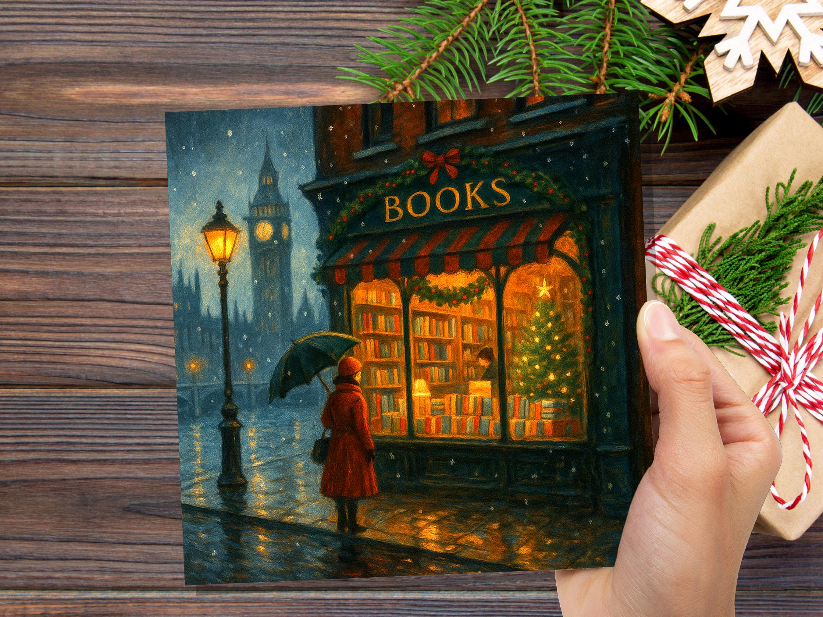 London Christmas Bookshop Card Big Ben Snow Scene Winter City Night Cosy Bookstore Painting Vintage for Book Lover Friends Family Xmas 2025 - View 2