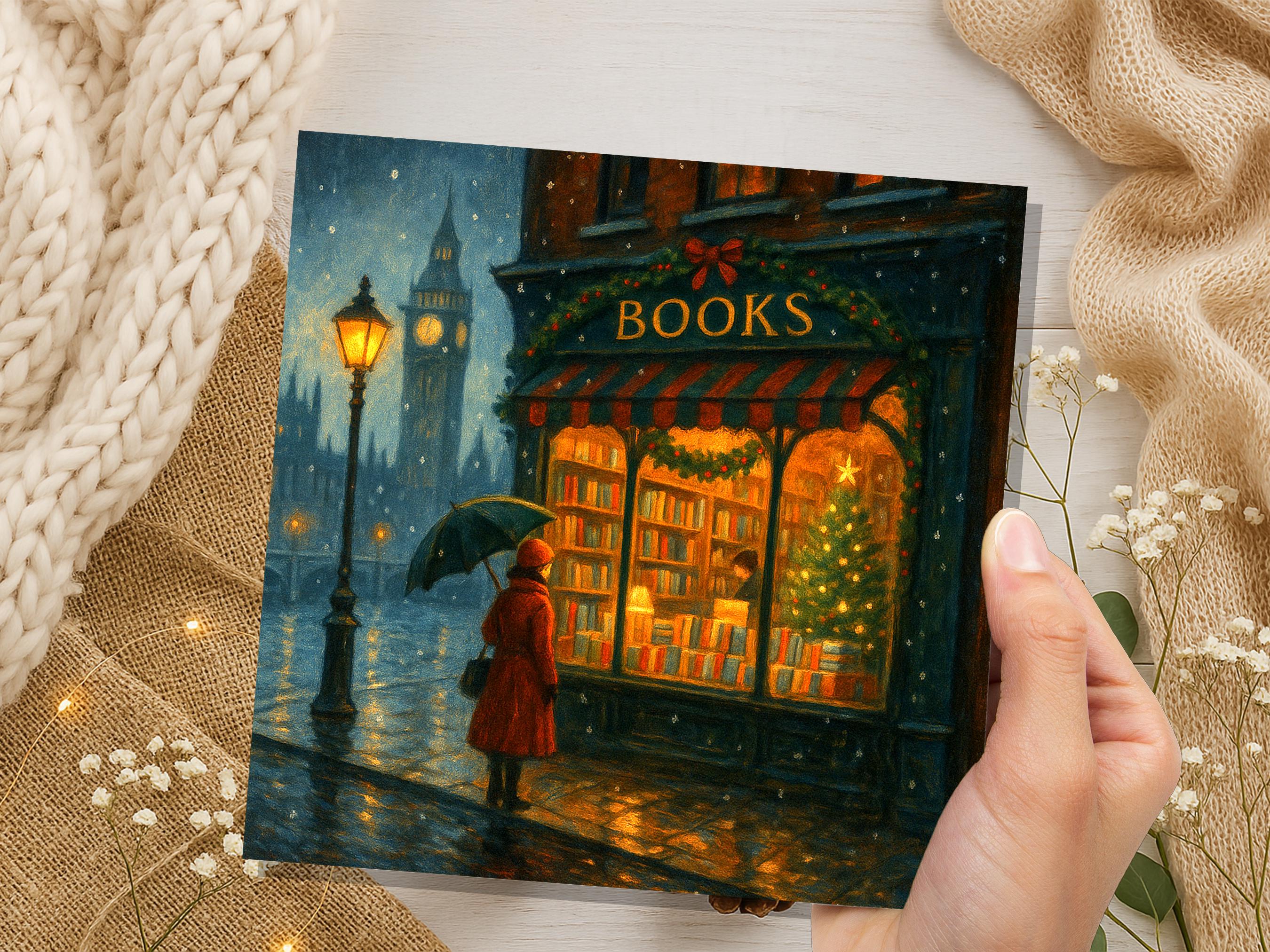 London Christmas Bookshop Card Big Ben Snow Scene Winter City Night Cosy Bookstore Painting Vintage for Book Lover Friends Family Xmas 2025