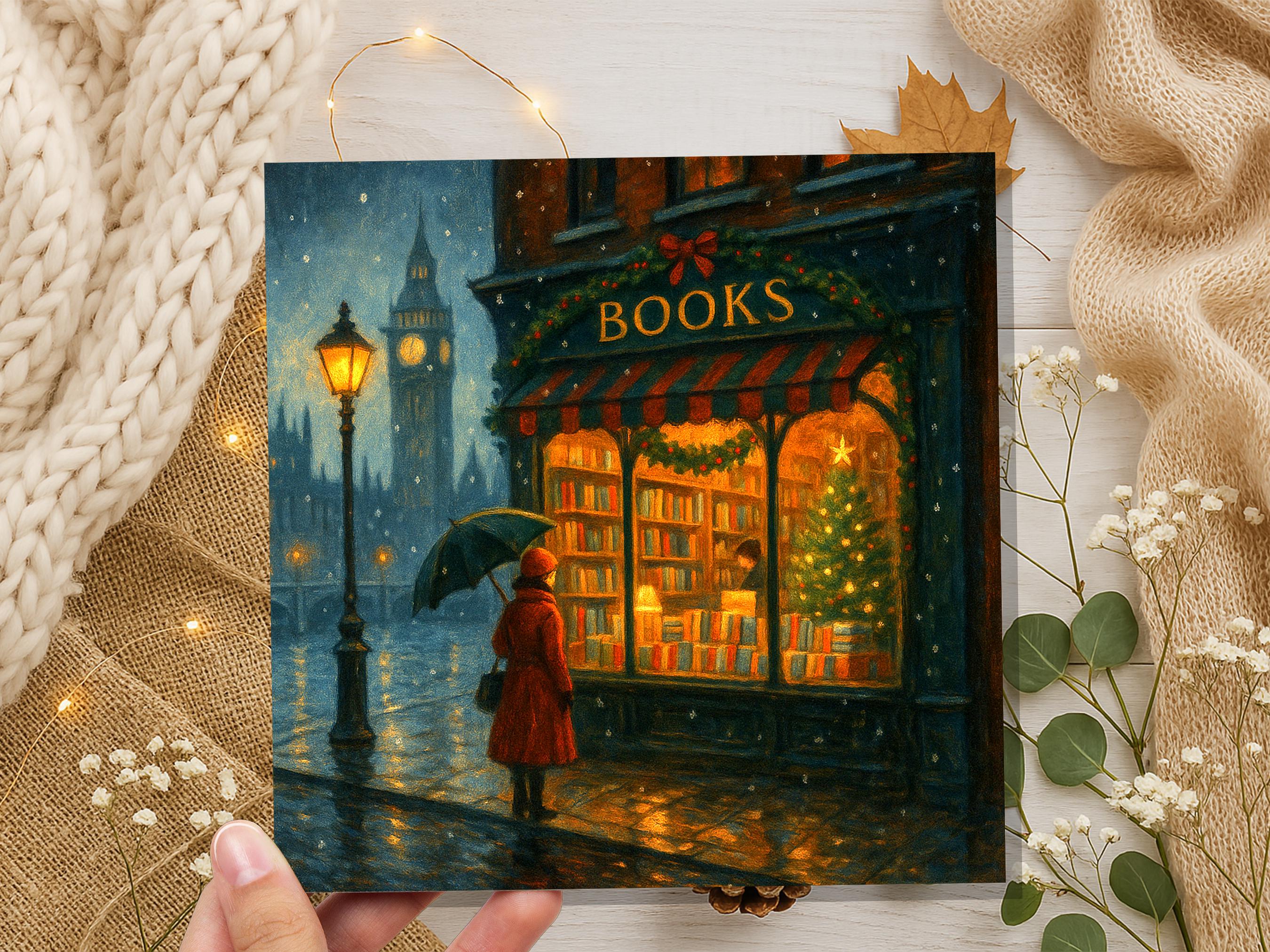 London Christmas Bookshop Card Big Ben Snow Scene Winter City Night Cosy Bookstore Painting Vintage for Book Lover Friends Family Xmas 2025 - View 4