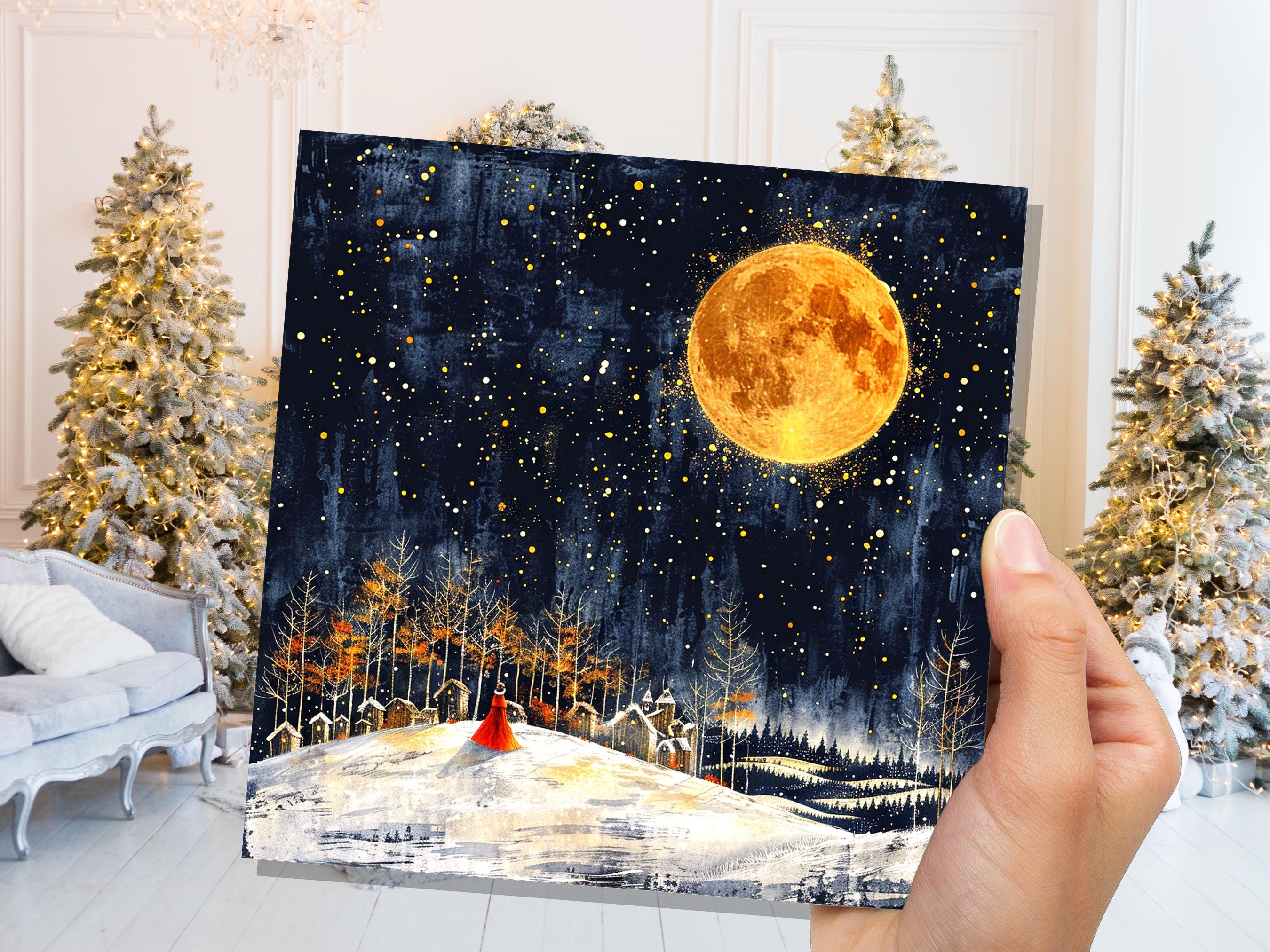 Twas the Night Before Christmas Card Moody Winter Village Scene Golden Full Moon Magical Night Snowy Landscape Celestial Atmospheric Vintage - View 3