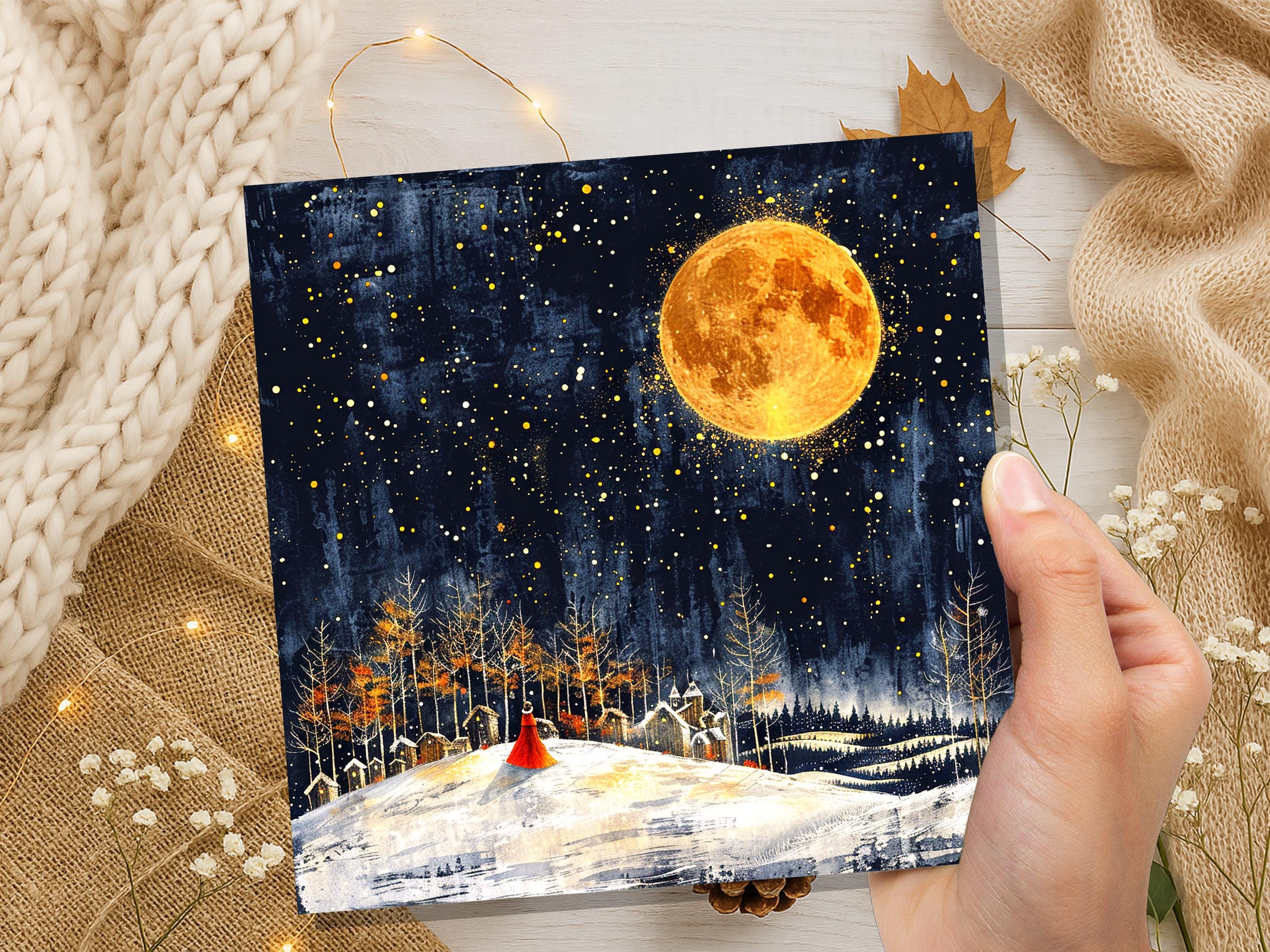 Twas the Night Before Christmas Card Moody Winter Village Scene Golden Full Moon Magical Night Snowy Landscape Celestial Atmospheric Vintage - View 2