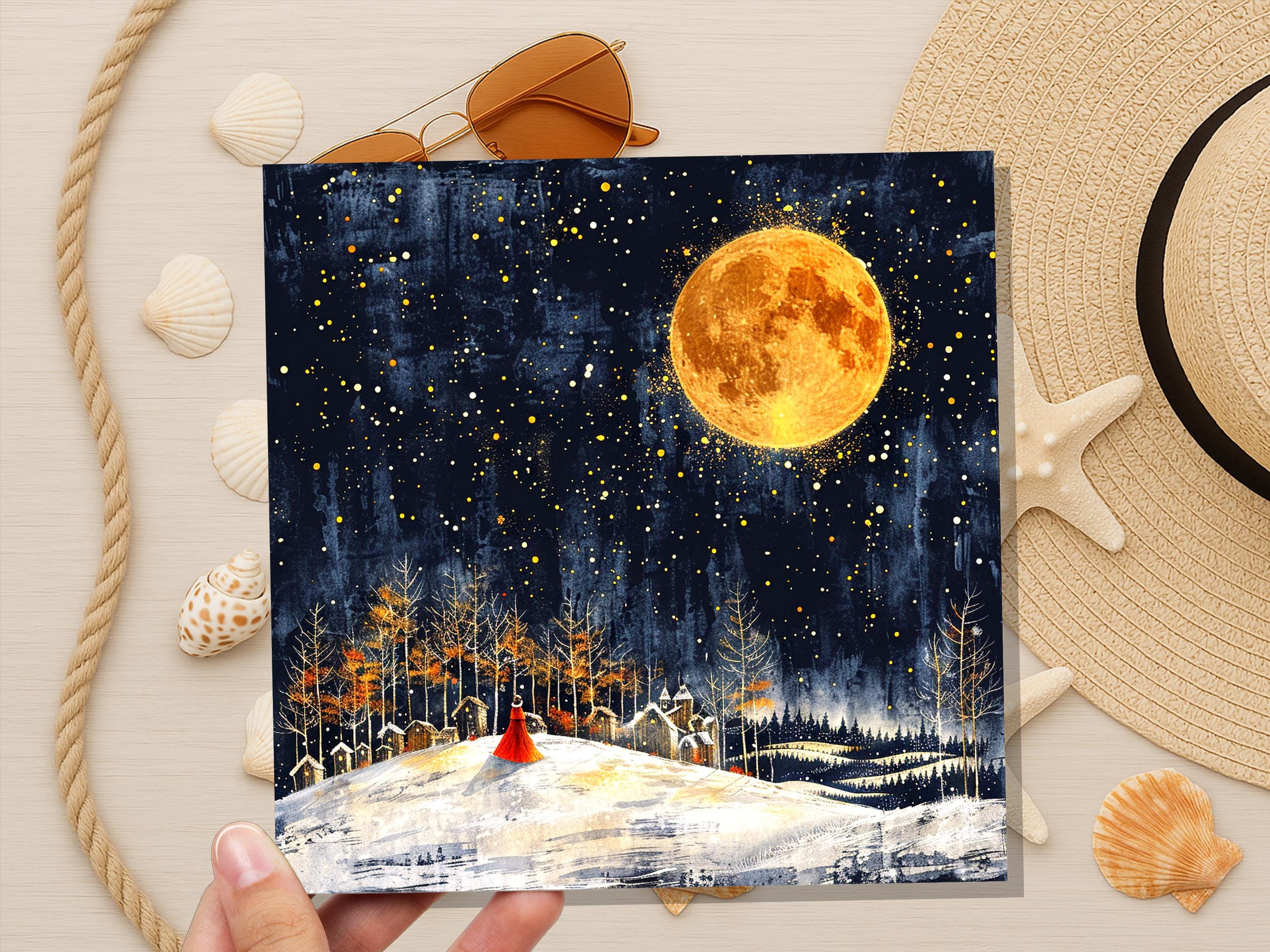 Twas the Night Before Christmas Card Moody Winter Village Scene Golden Full Moon Magical Night Snowy Landscape Celestial Atmospheric Vintage - View 4