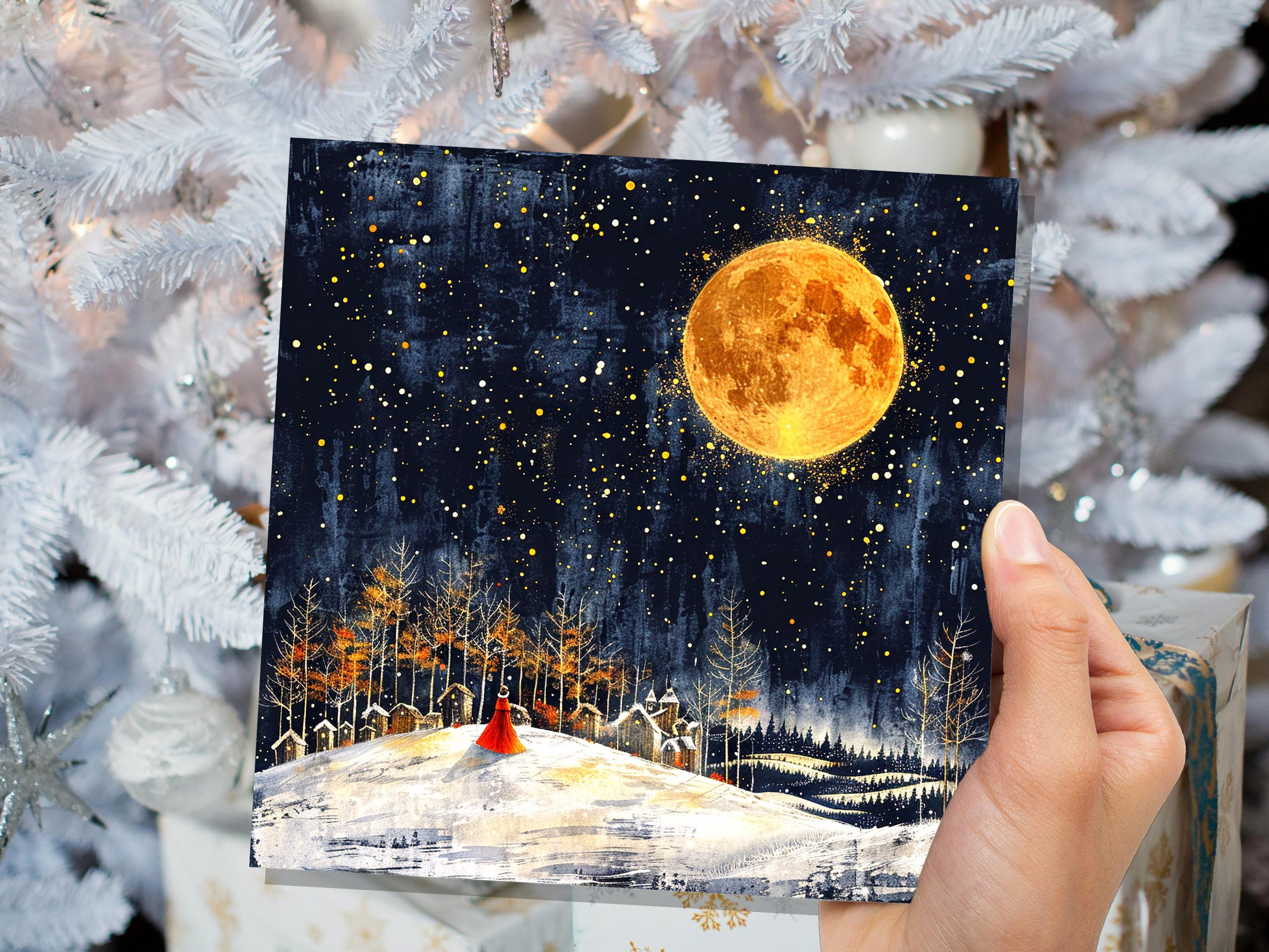 Twas the Night Before Christmas Card Moody Winter Village Scene Golden Full Moon Magical Night Snowy Landscape Celestial Atmospheric Vintage