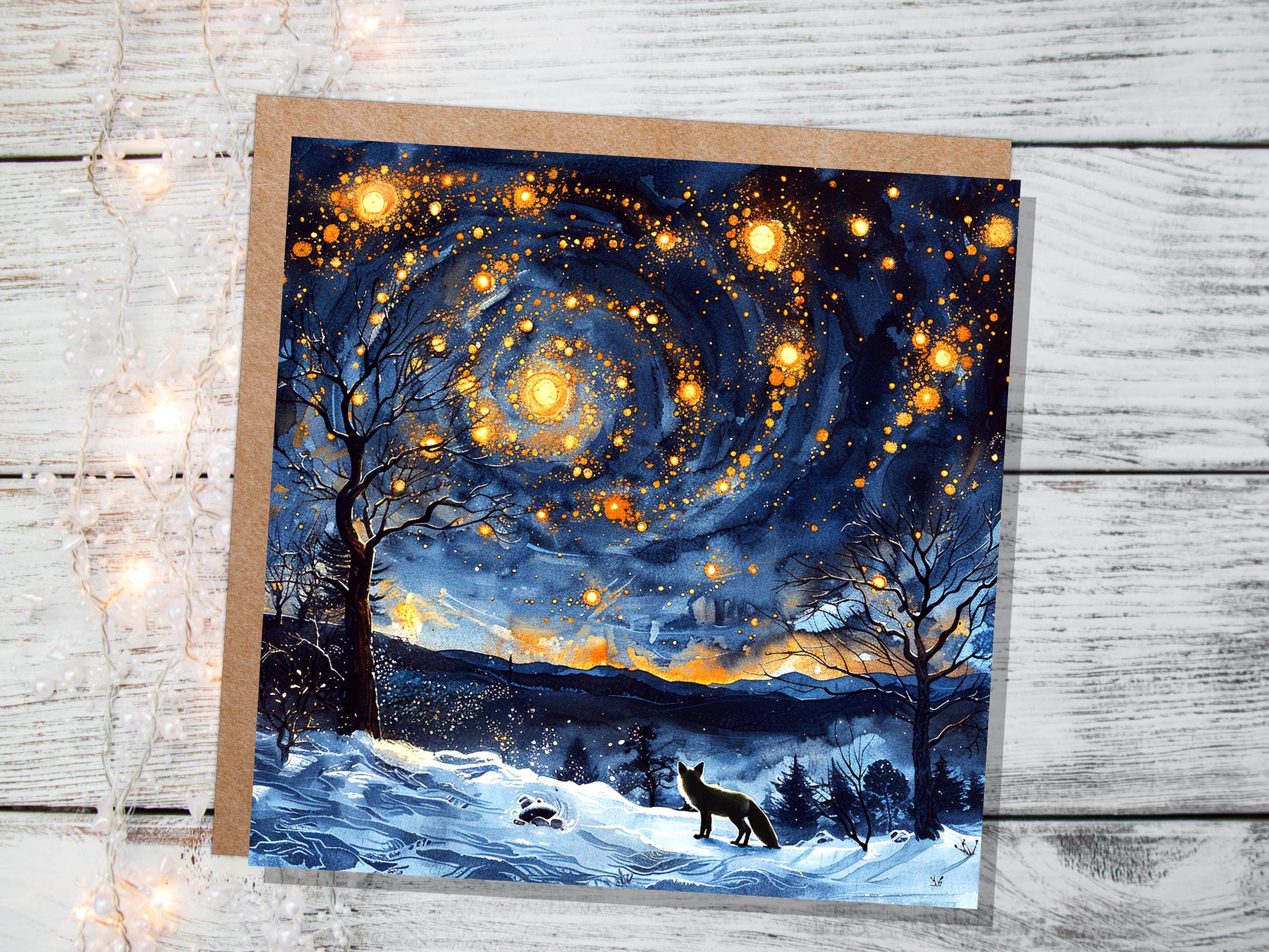 Winter Fox Starry Night Card Cosmic Woodland Scene Moody Snowy Forest Landscape Atmospheric Vintage Nordic Christmas Holiday Greeting Card - View 9