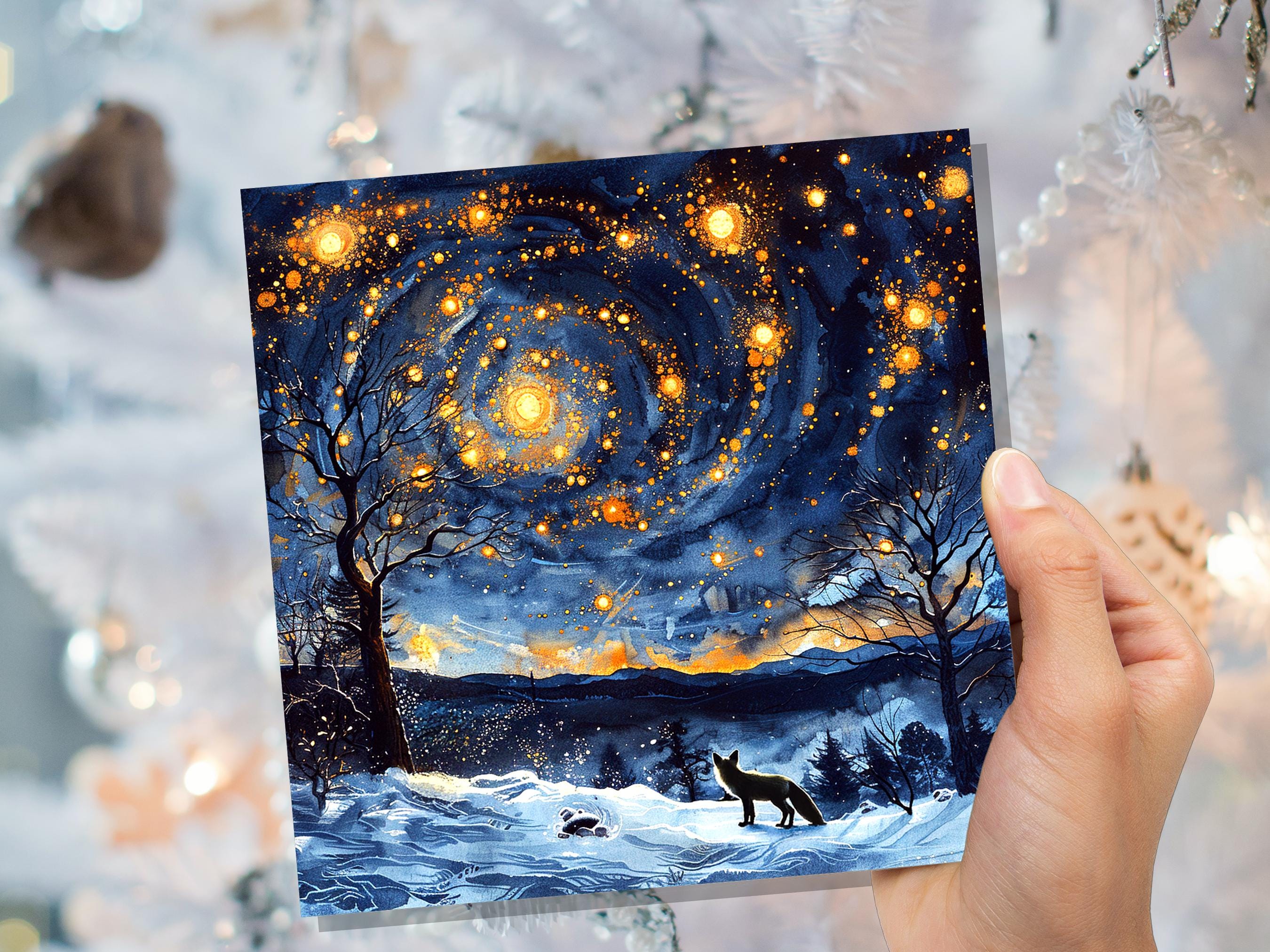 Winter Fox Starry Night Card Cosmic Woodland Scene Moody Snowy Forest Landscape Atmospheric Vintage Nordic Christmas Holiday Greeting Card
