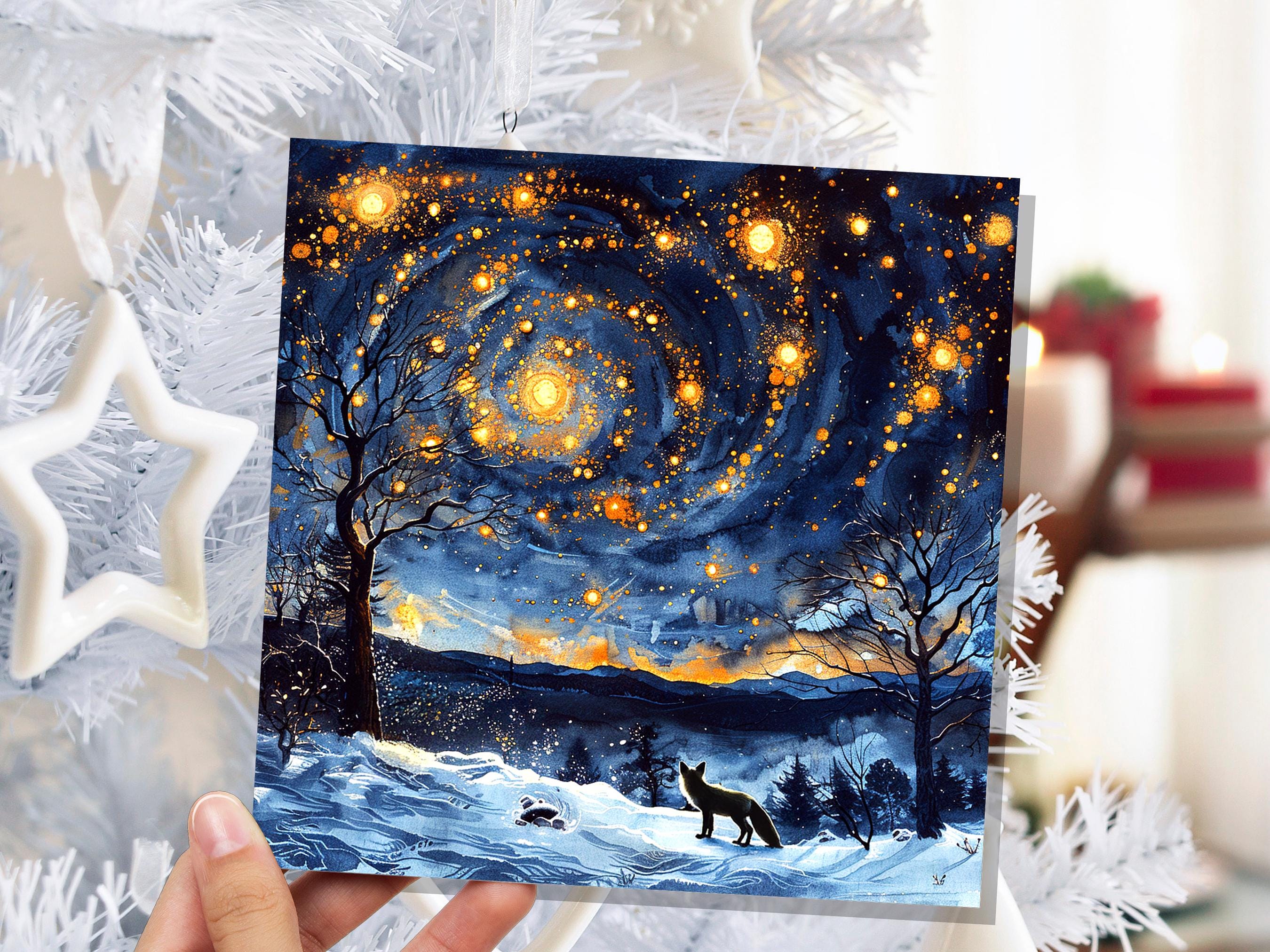Winter Fox Starry Night Card Cosmic Woodland Scene Moody Snowy Forest Landscape Atmospheric Vintage Nordic Christmas Holiday Greeting Card - View 4