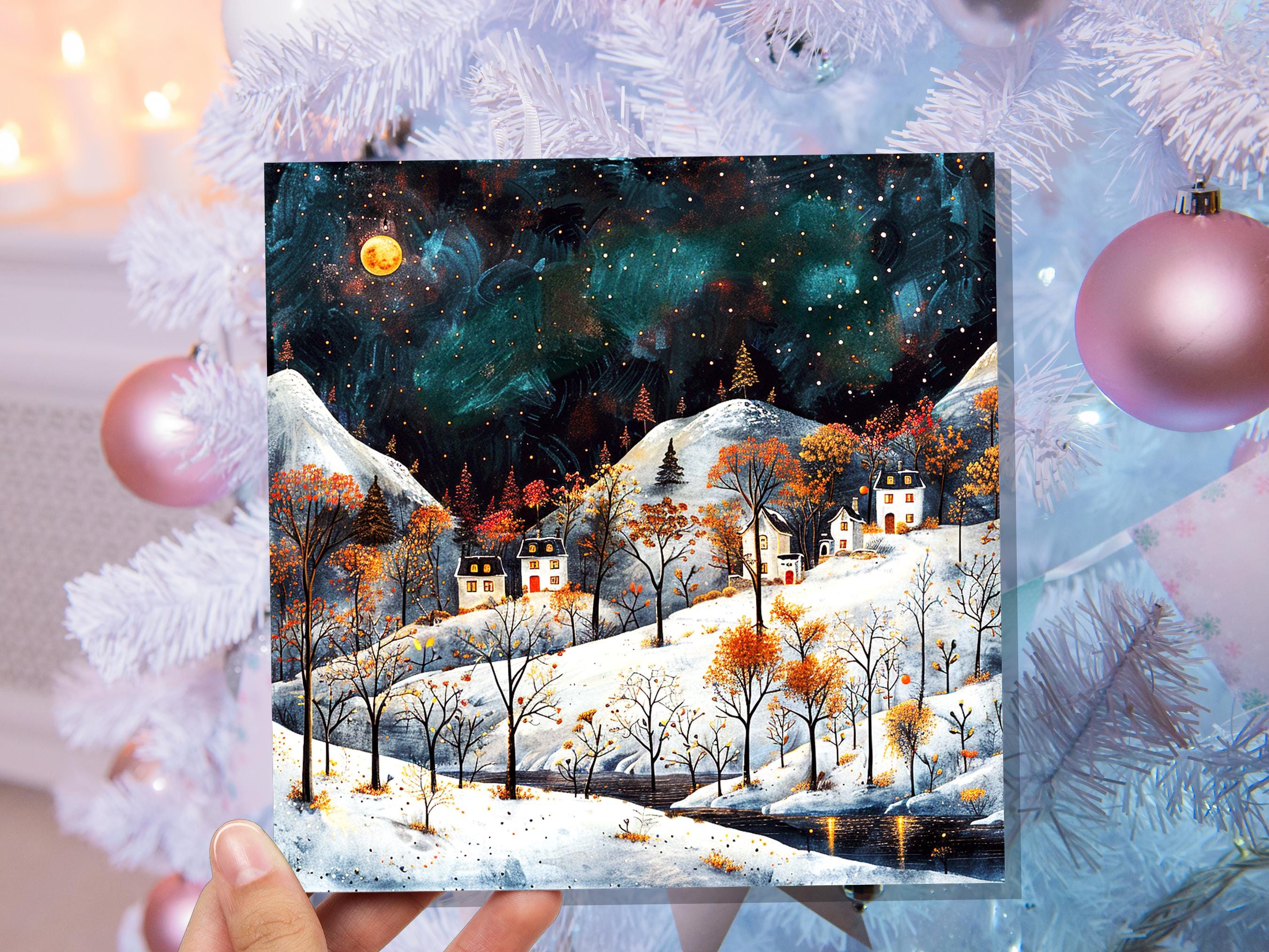 Moody Winter Village Card Snowy Mountain Landscape Starry Night Sky Nordic Folk Art Cosy Cottages Moonlight Atmospheric Vintage Christmas - View 5