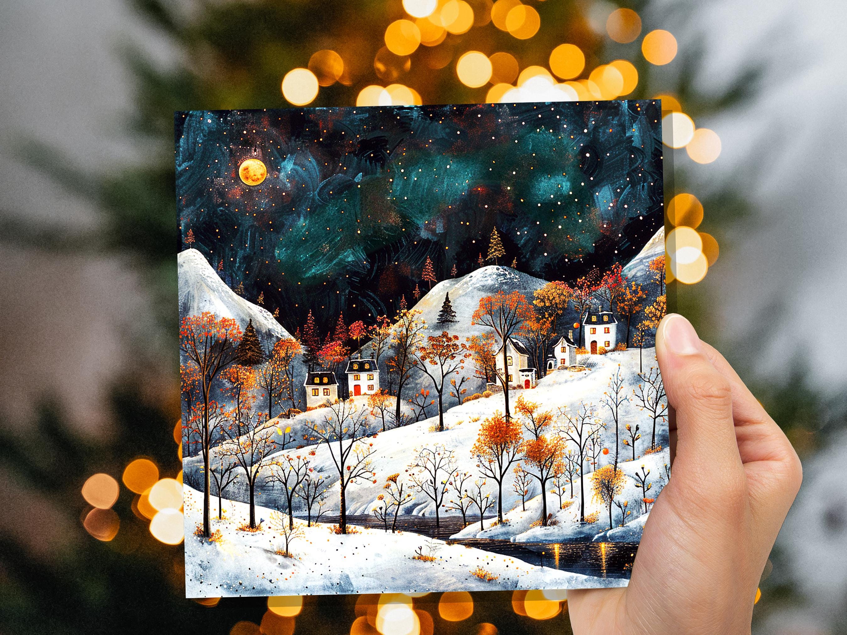 Moody Winter Village Card Snowy Mountain Landscape Starry Night Sky Nordic Folk Art Cosy Cottages Moonlight Atmospheric Vintage Christmas - View 3