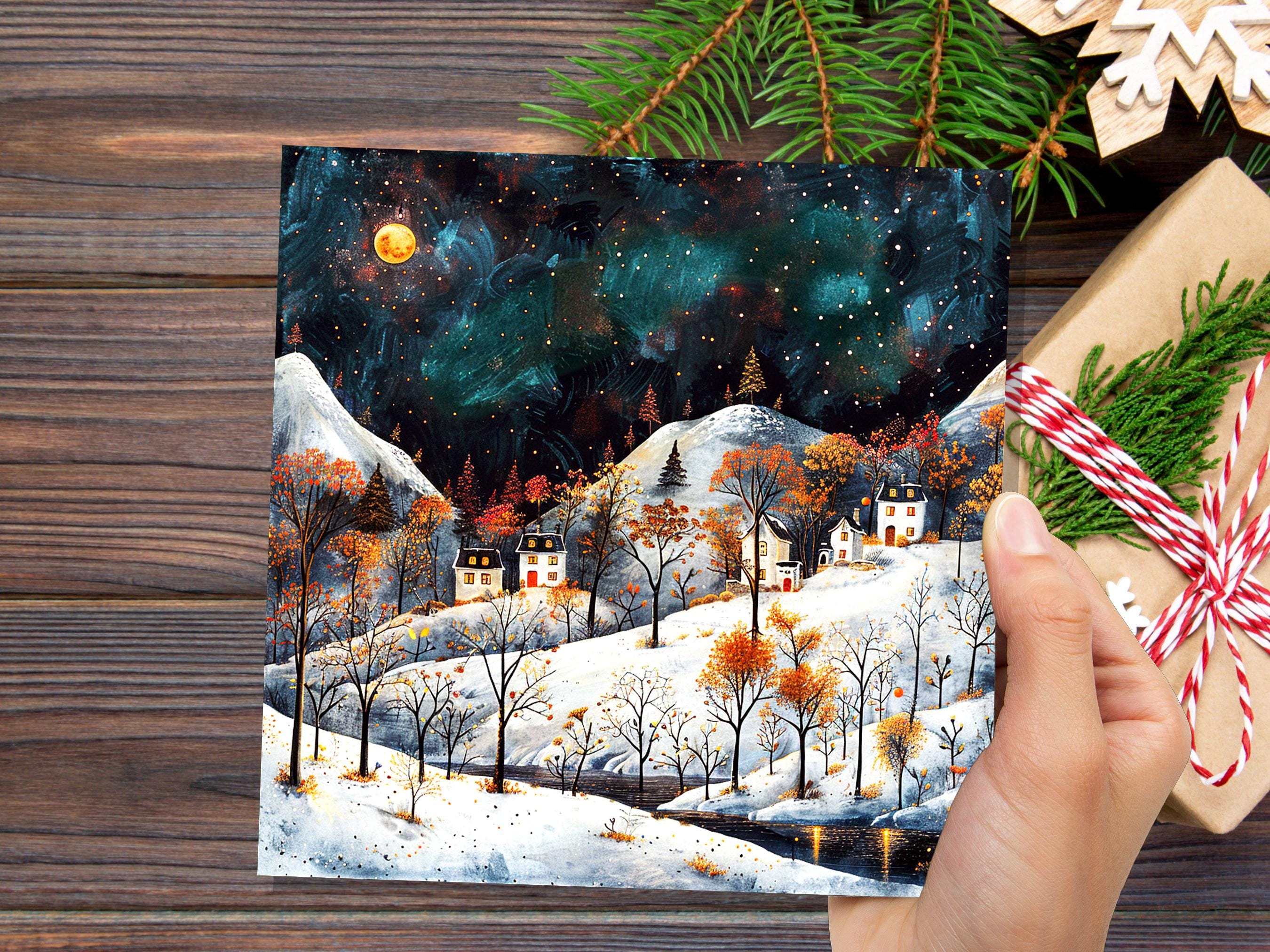 Moody Winter Village Card Snowy Mountain Landscape Starry Night Sky Nordic Folk Art Cosy Cottages Moonlight Atmospheric Vintage Christmas - View 2