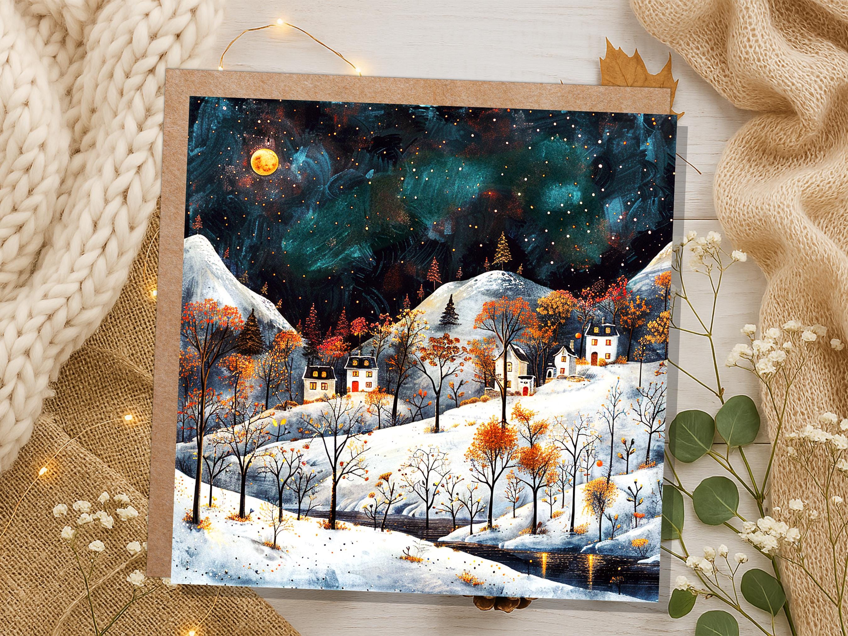 Moody Winter Village Card Snowy Mountain Landscape Starry Night Sky Nordic Folk Art Cosy Cottages Moonlight Atmospheric Vintage Christmas - View 8