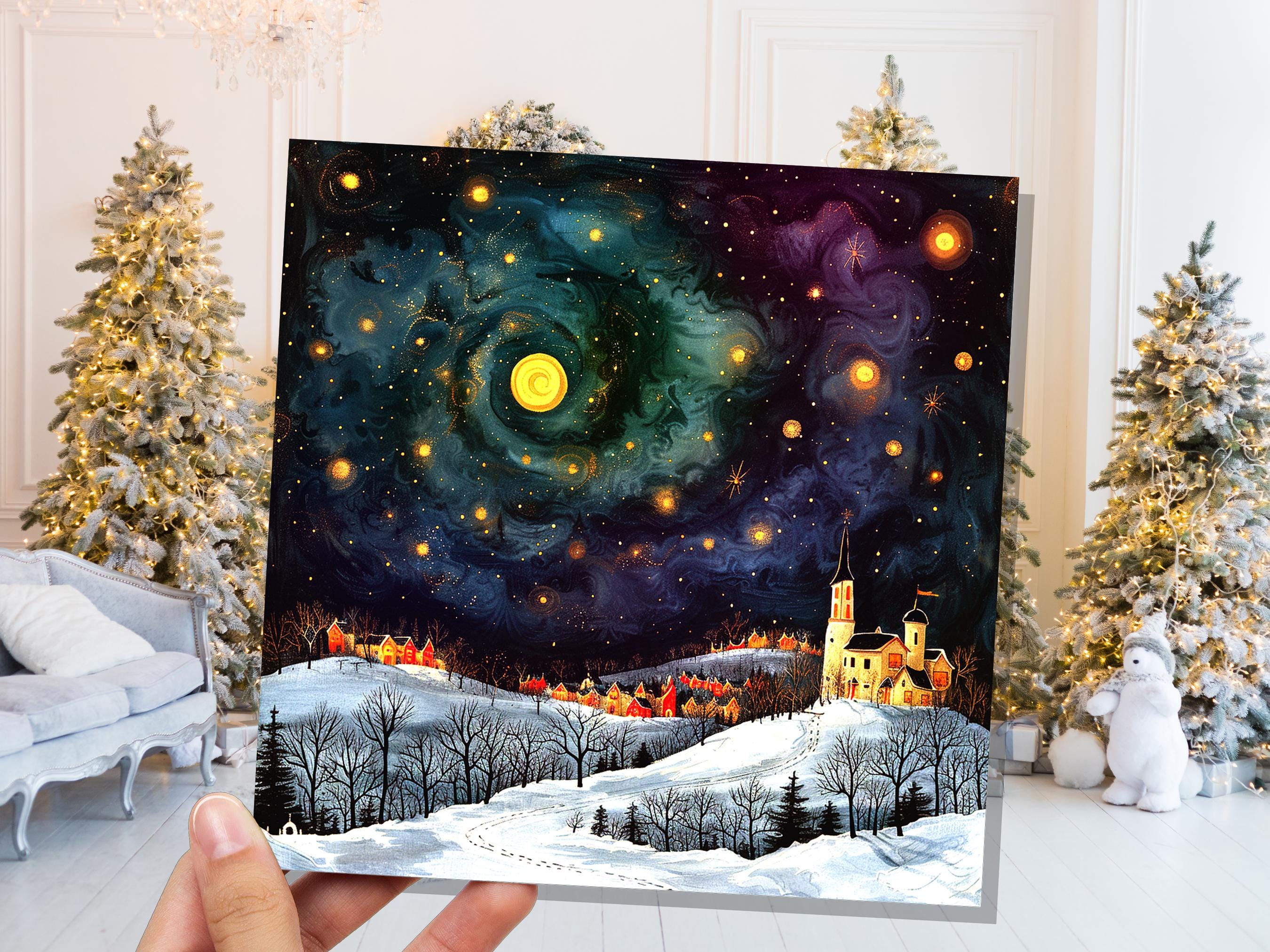 Starry Night Christmas Village Card Cosmic Winter Sky Scene Celestial Landscape Painting Swirling Galaxy Whimsical Moody Nordic Folk Art